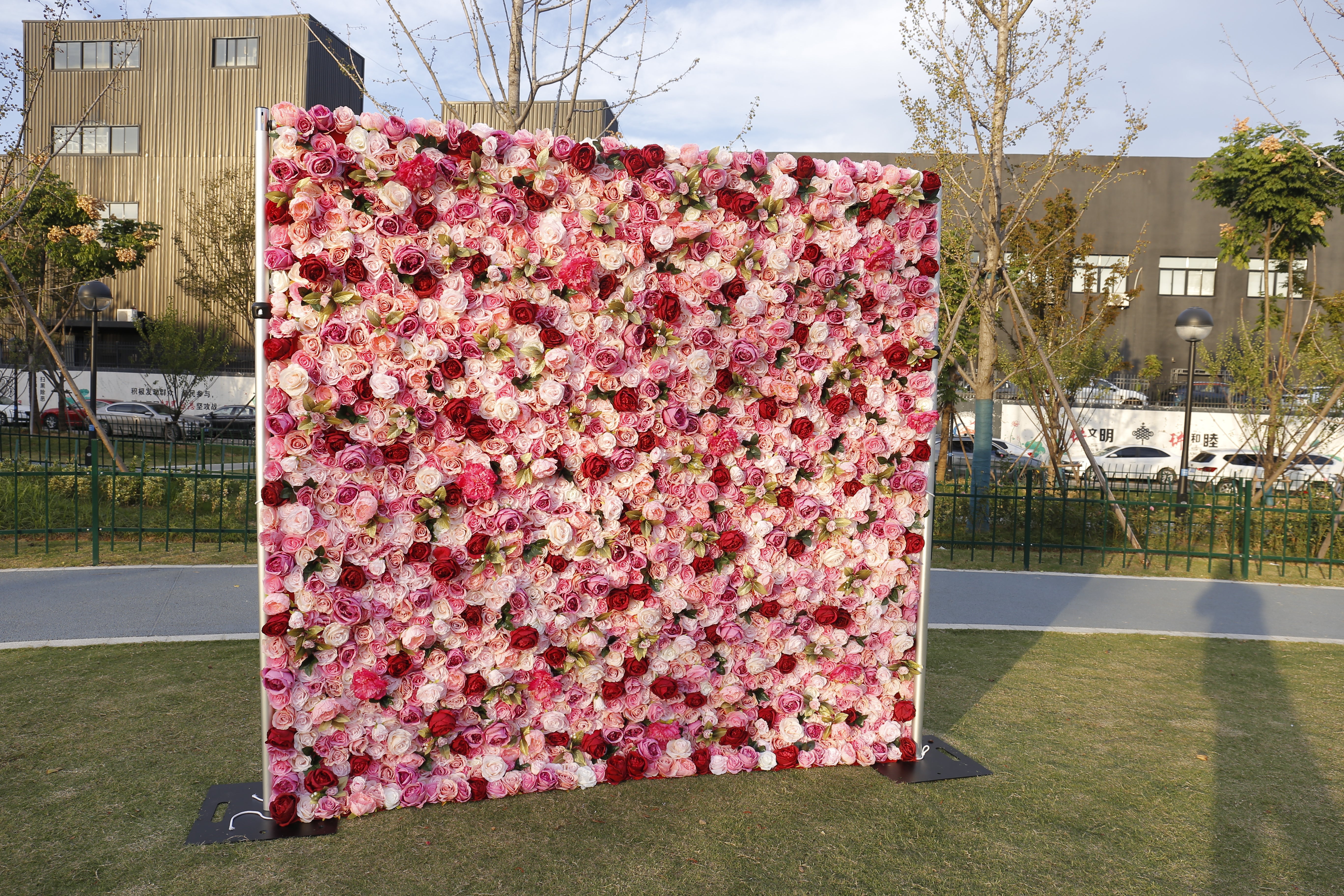 Pink Red Roses Simulated 5D Cloth Roll Up Wedding Flower Wall ACFW-068