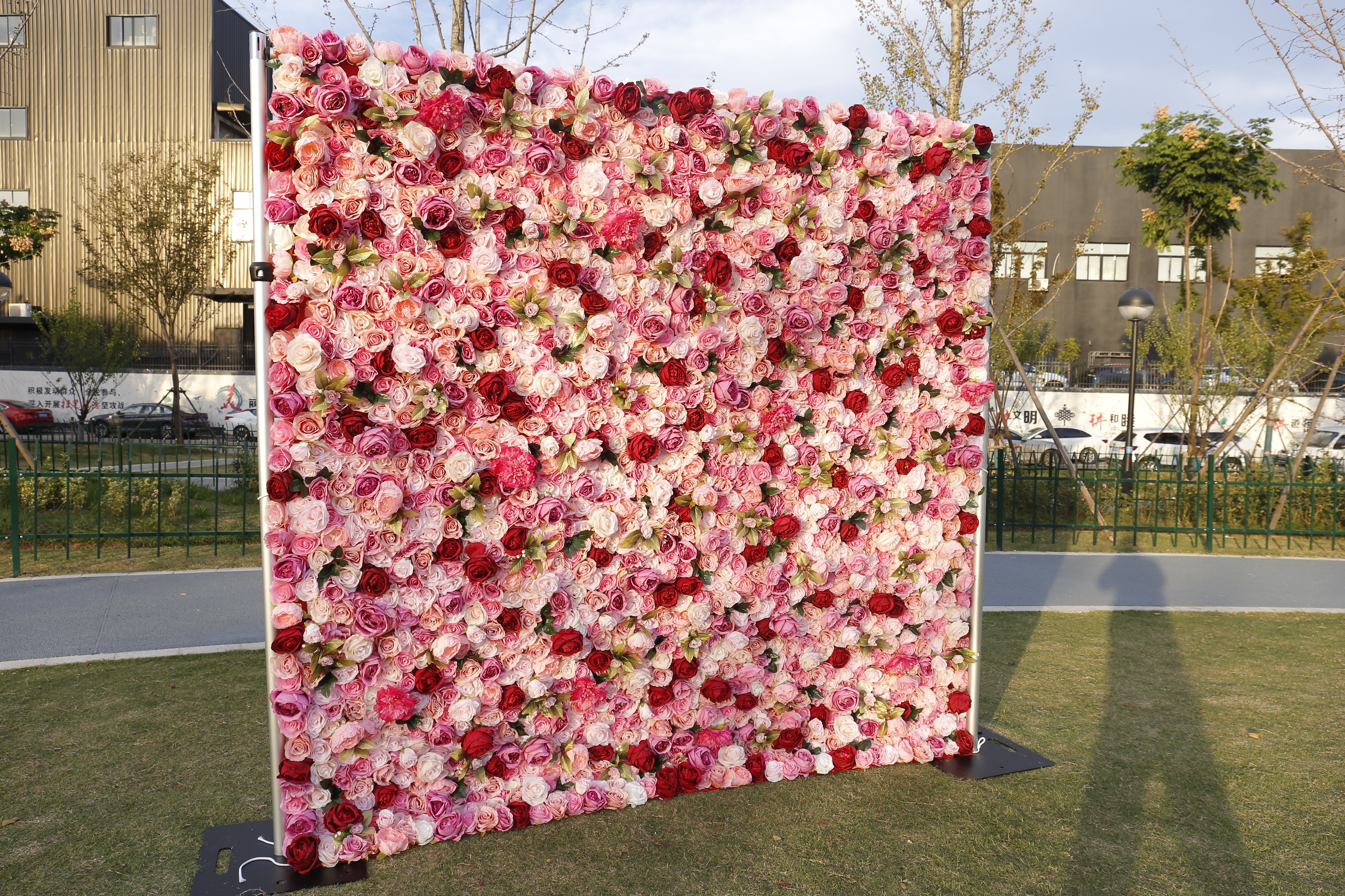 Pink Red Roses Simulated 5D Cloth Roll Up Wedding Flower Wall ACFW-068
