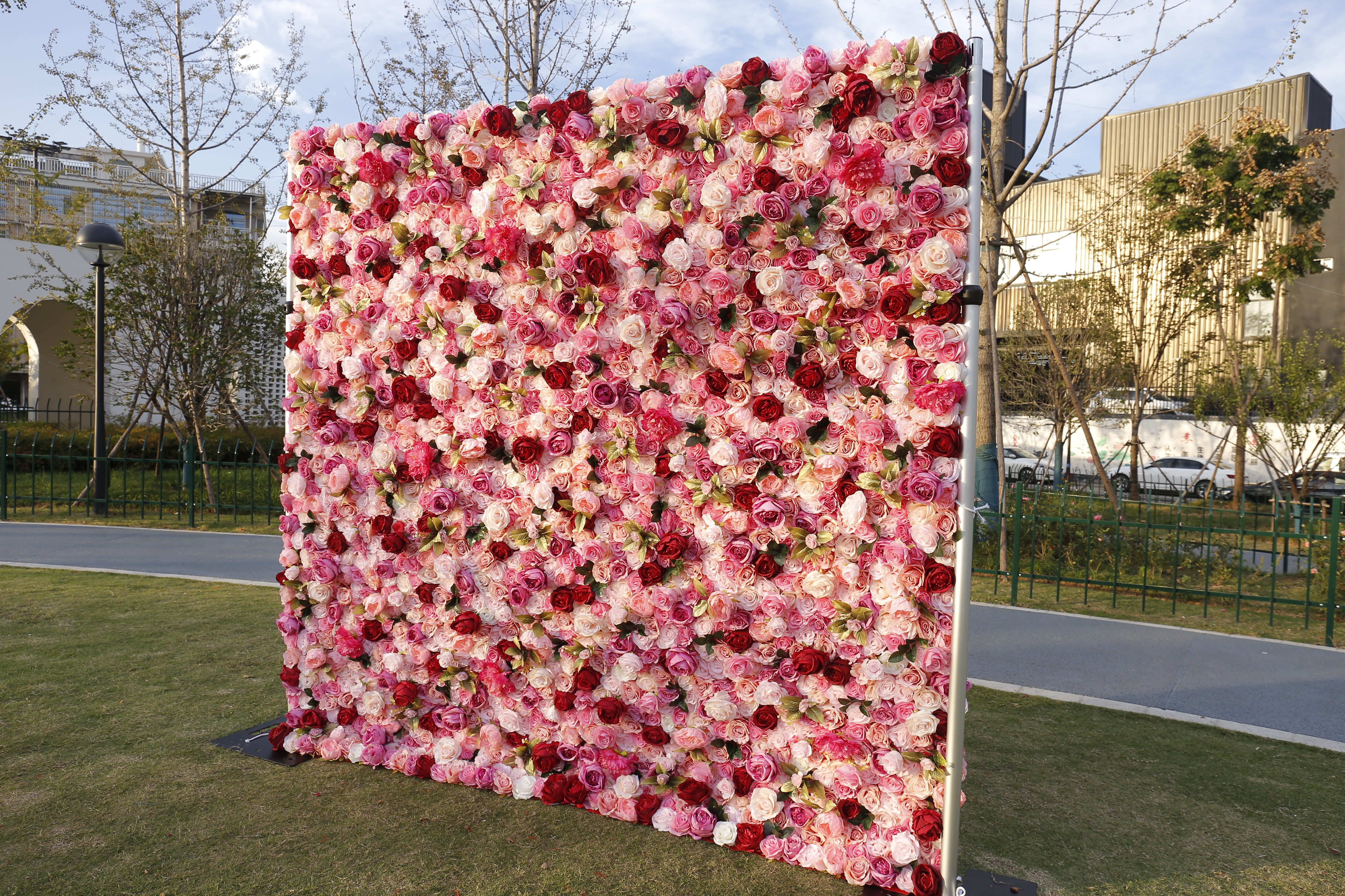 Pink Red Roses Simulated 5D Cloth Roll Up Wedding Flower Wall ACFW-068