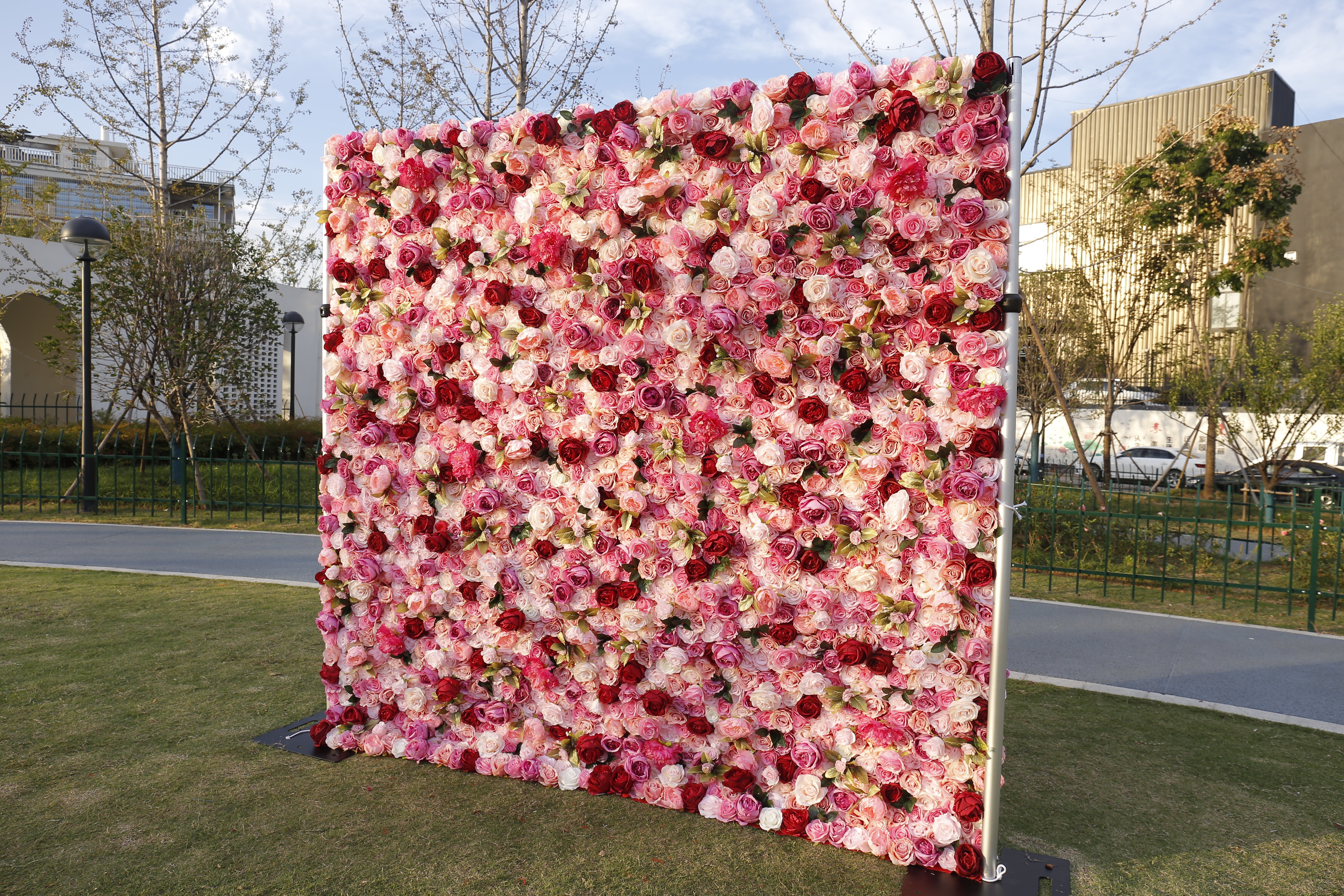 Pink Red Roses Simulated 5D Cloth Roll Up Wedding Flower Wall ACFW-068