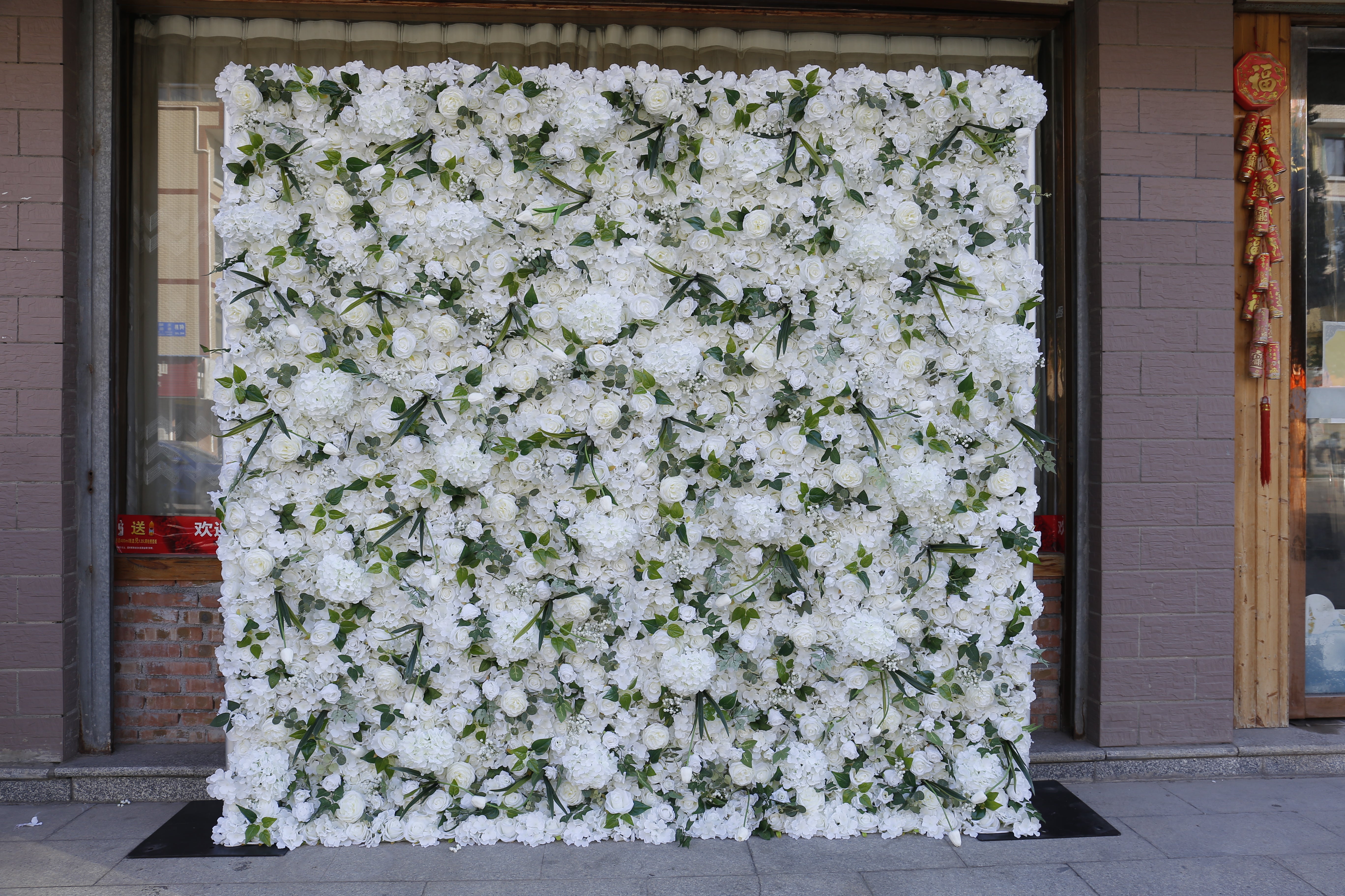 Cloth White Rose Green Leaves 3D Roll Up Wedding Flower Wall ACFW-070