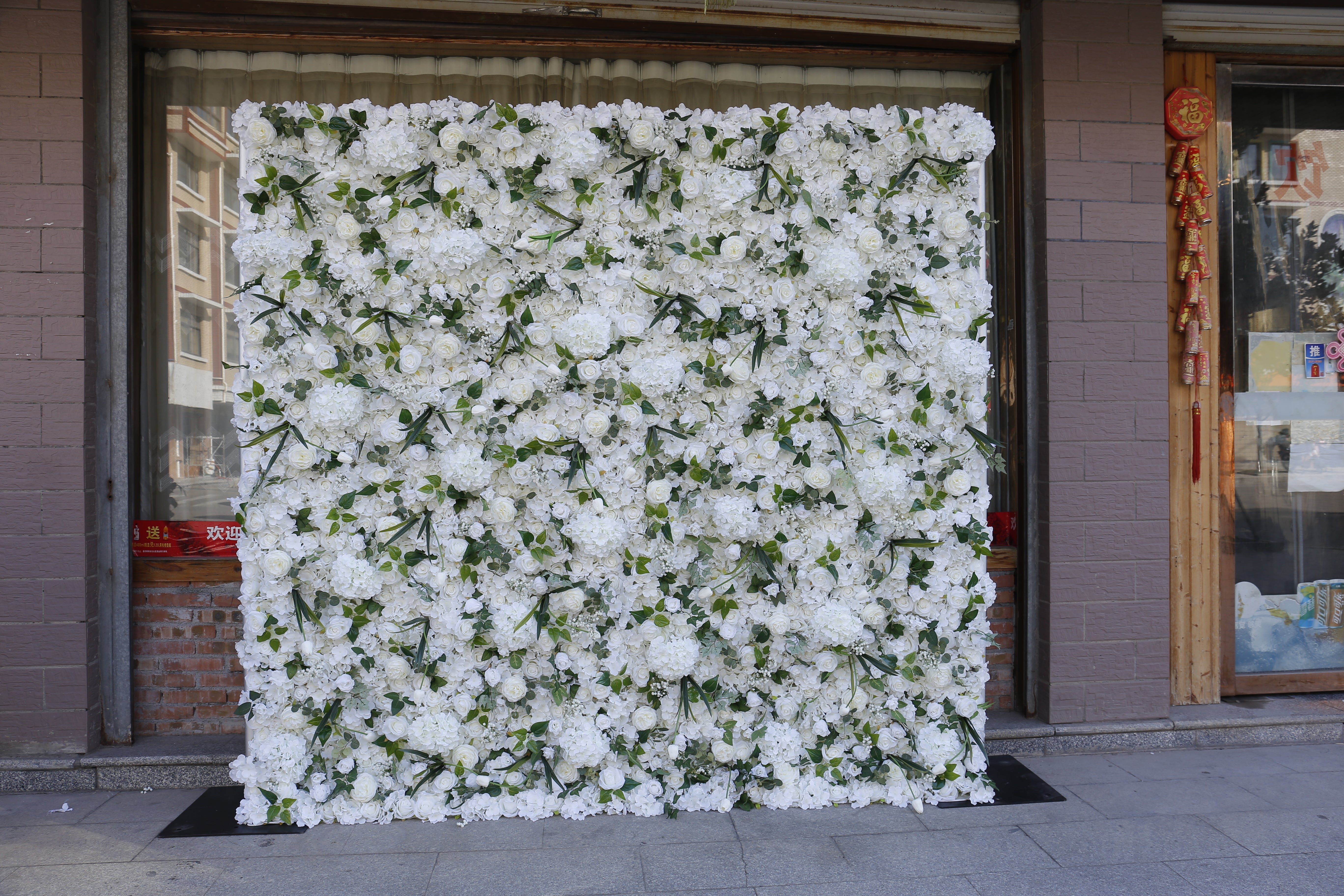 Cloth White Rose Green Leaves 3D Roll Up Wedding Flower Wall ACFW-070