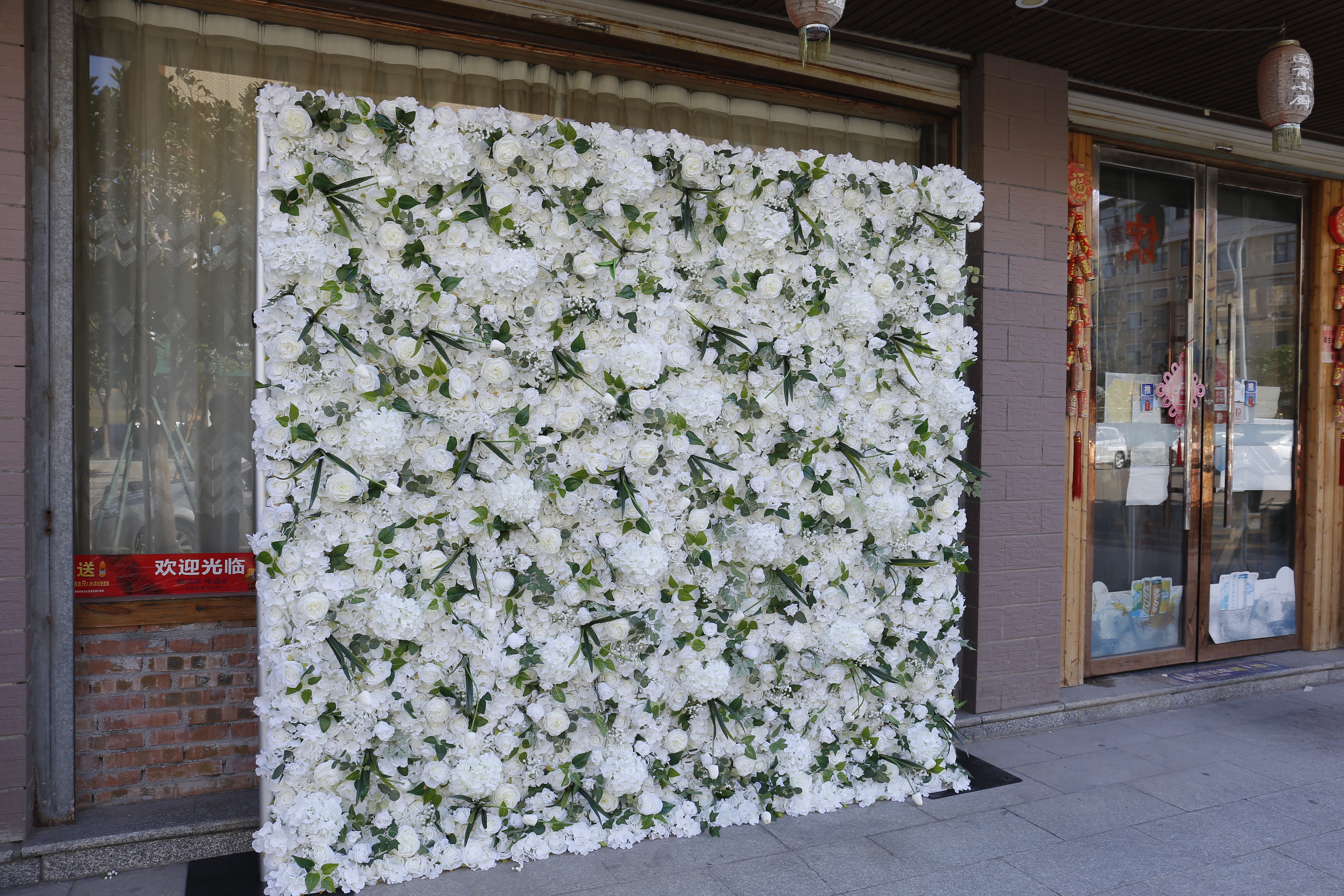 Cloth White Rose Green Leaves 3D Roll Up Wedding Flower Wall ACFW-070