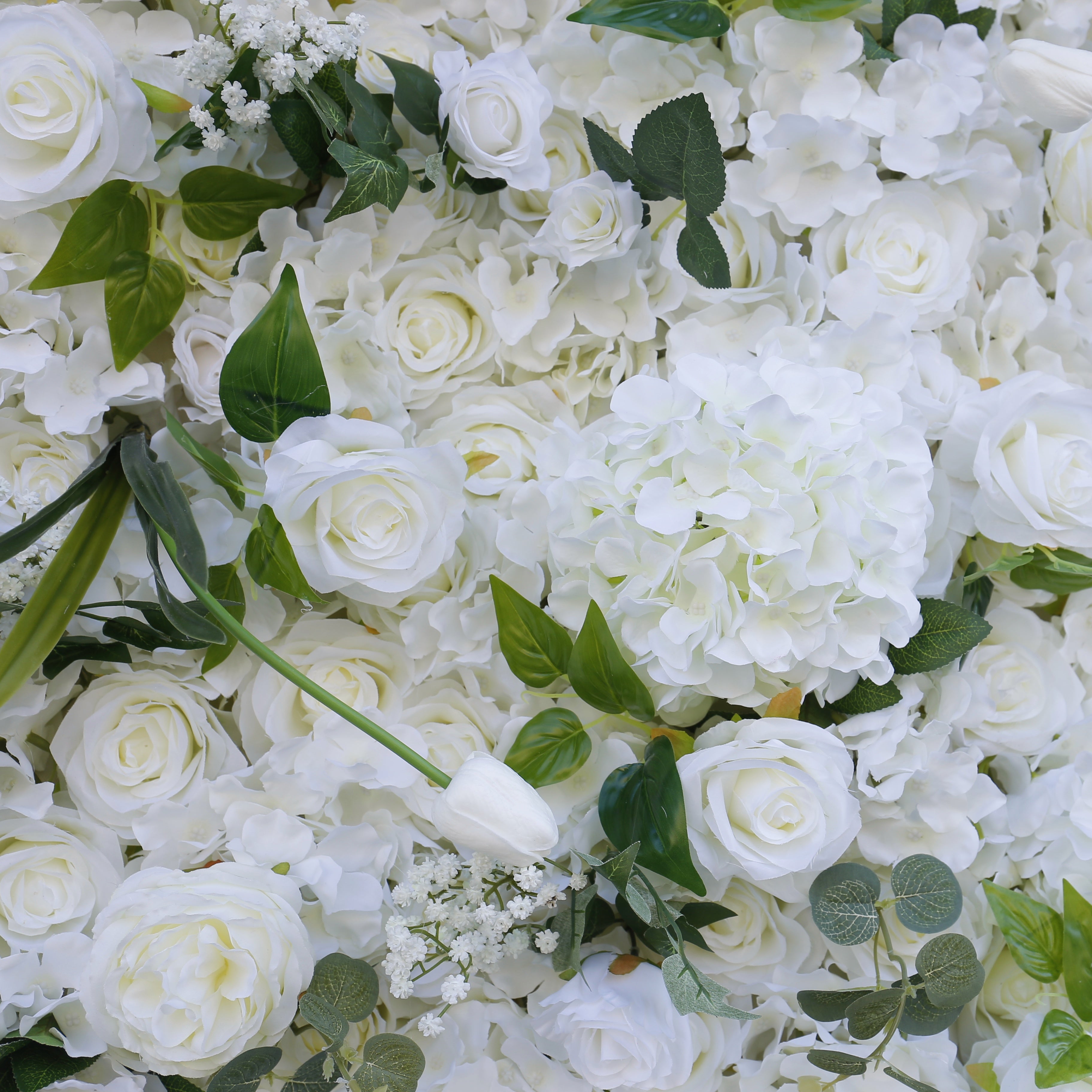 Cloth White Rose Green Leaves 3D Roll Up Wedding Flower Wall ACFW-070