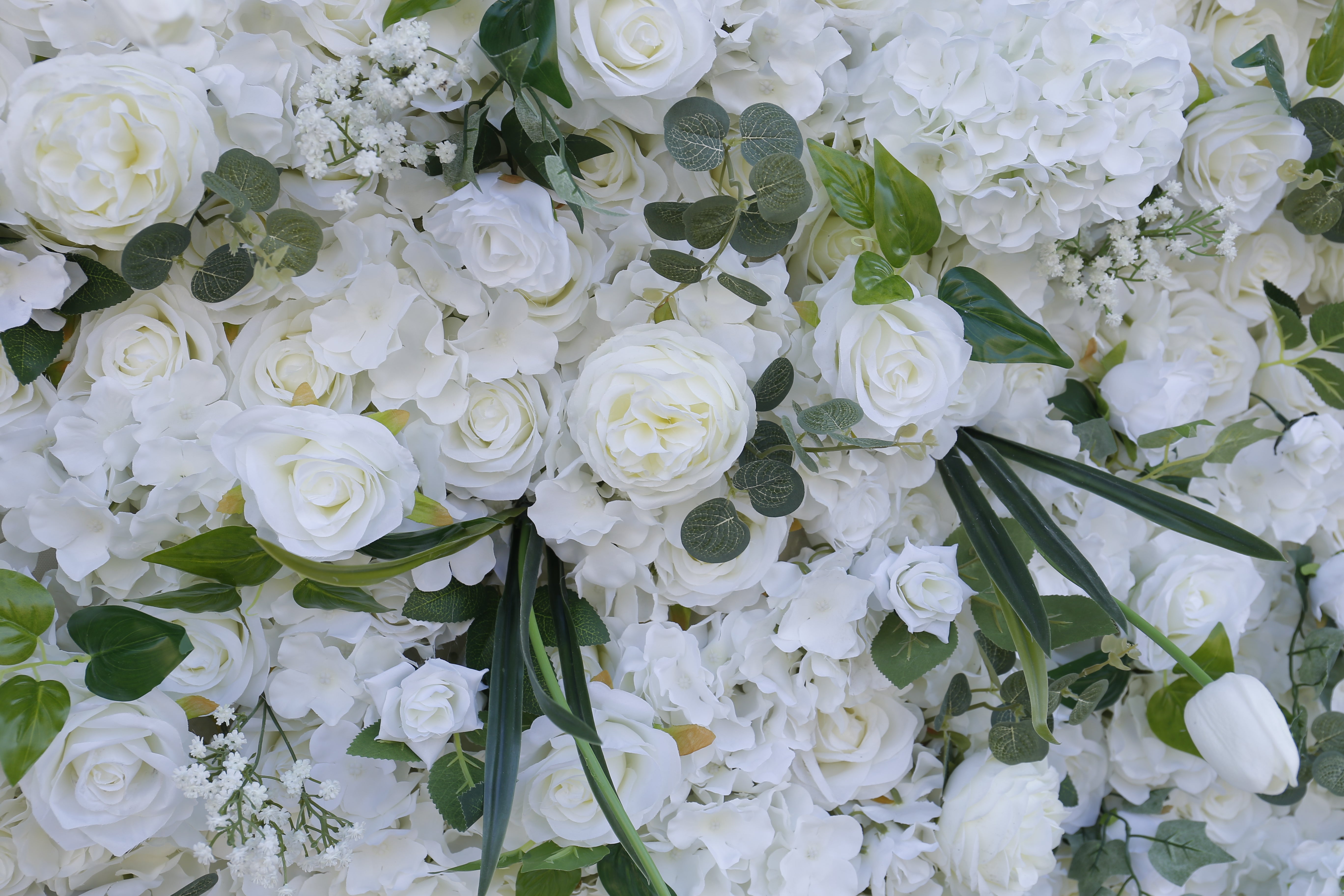 Cloth White Rose Green Leaves 3D Roll Up Wedding Flower Wall ACFW-070