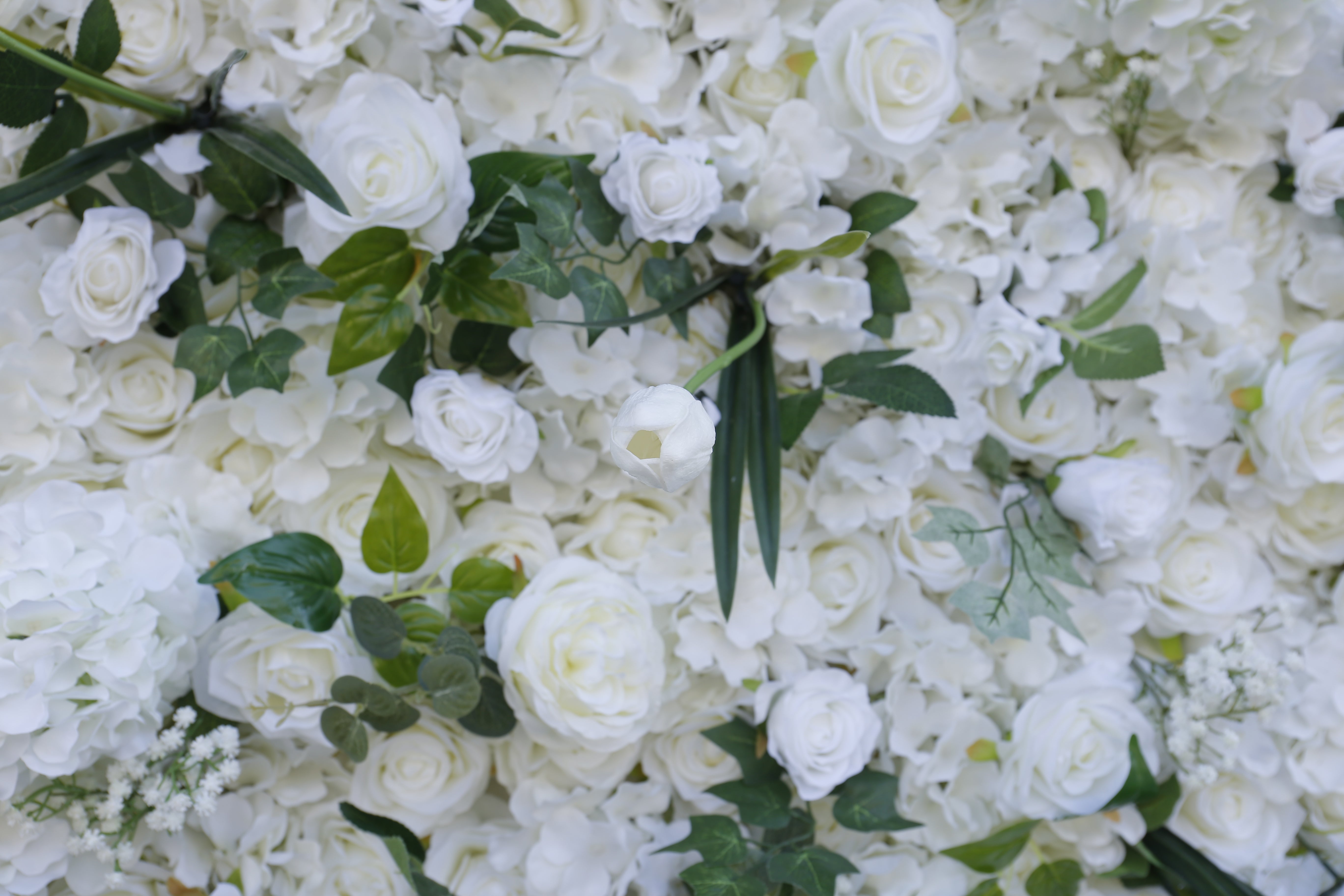 Cloth White Rose Green Leaves 3D Roll Up Wedding Flower Wall ACFW-070