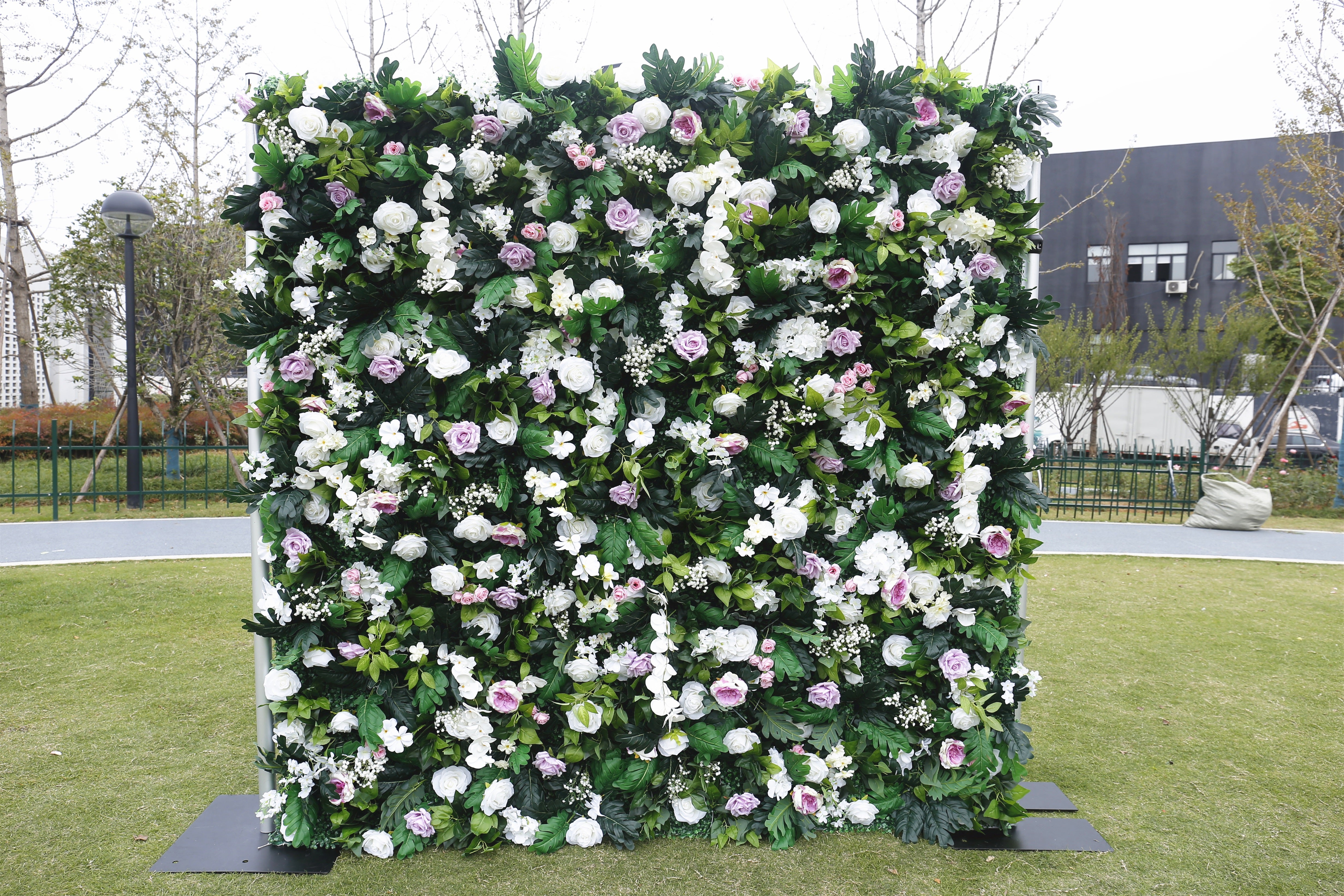 Pink White Rose with Greenery Fabric Roll Up Flower Wall ACFW-076
