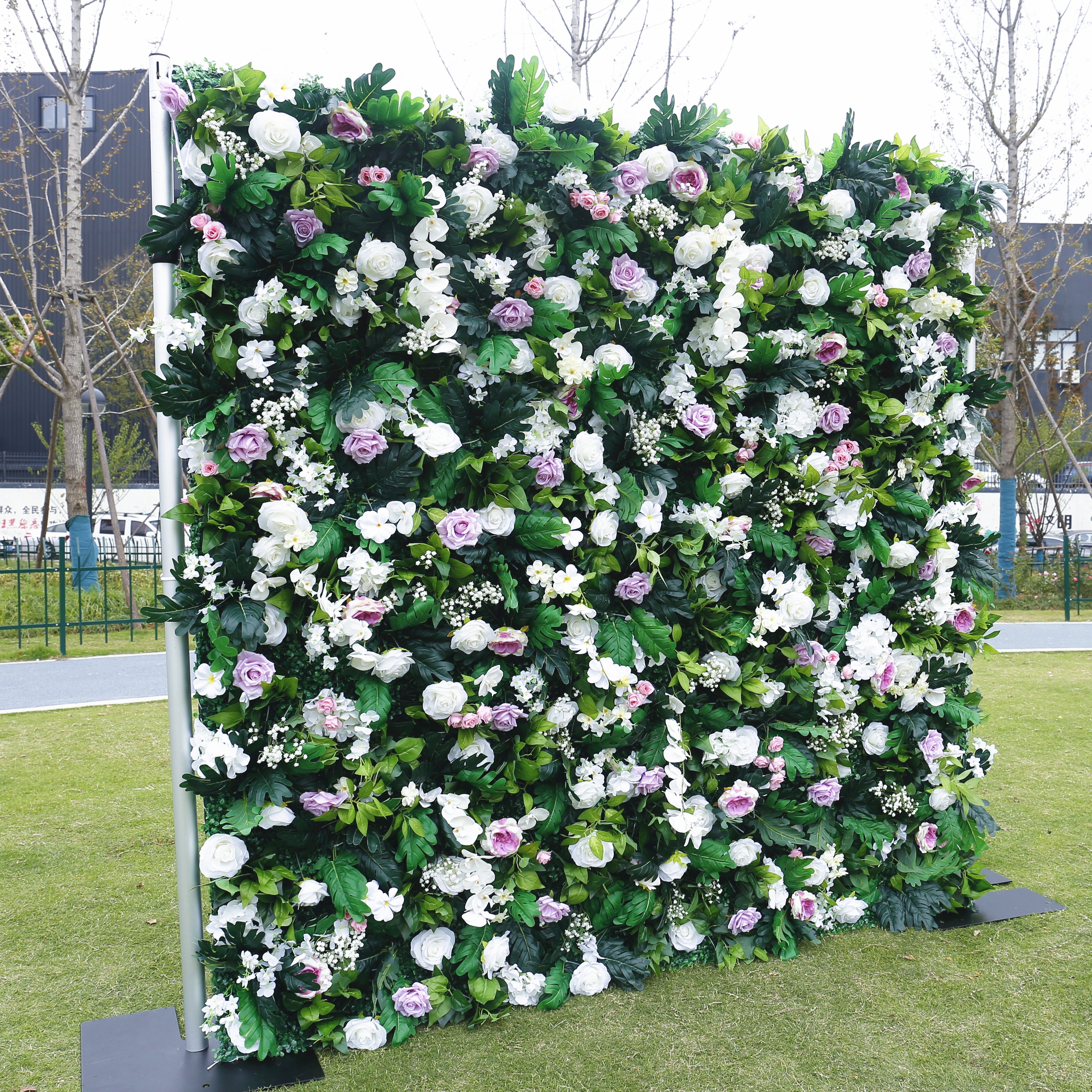 Pink White Rose with Greenery Fabric Roll Up Flower Wall ACFW-076