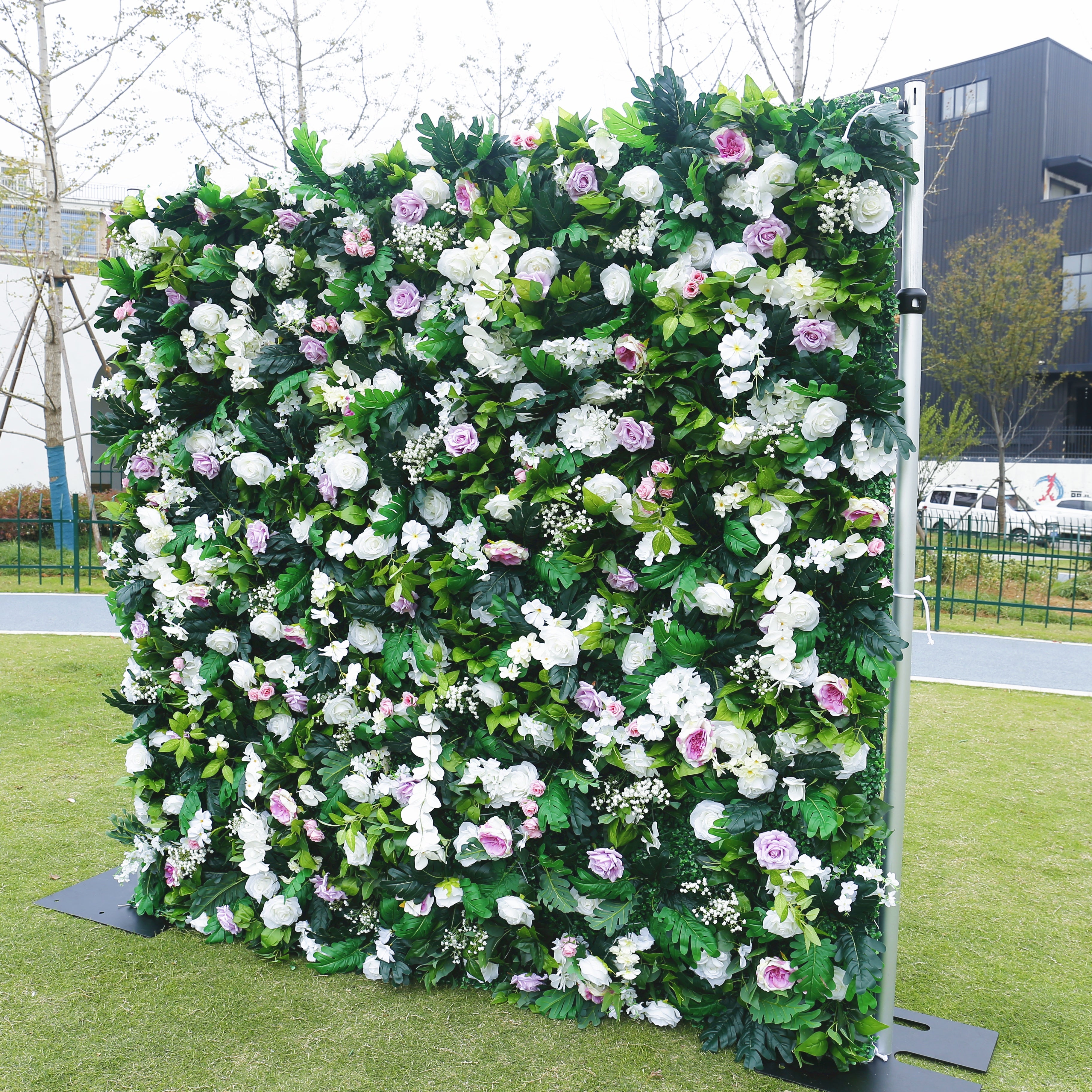 Pink White Rose with Greenery Fabric Roll Up Flower Wall ACFW-076