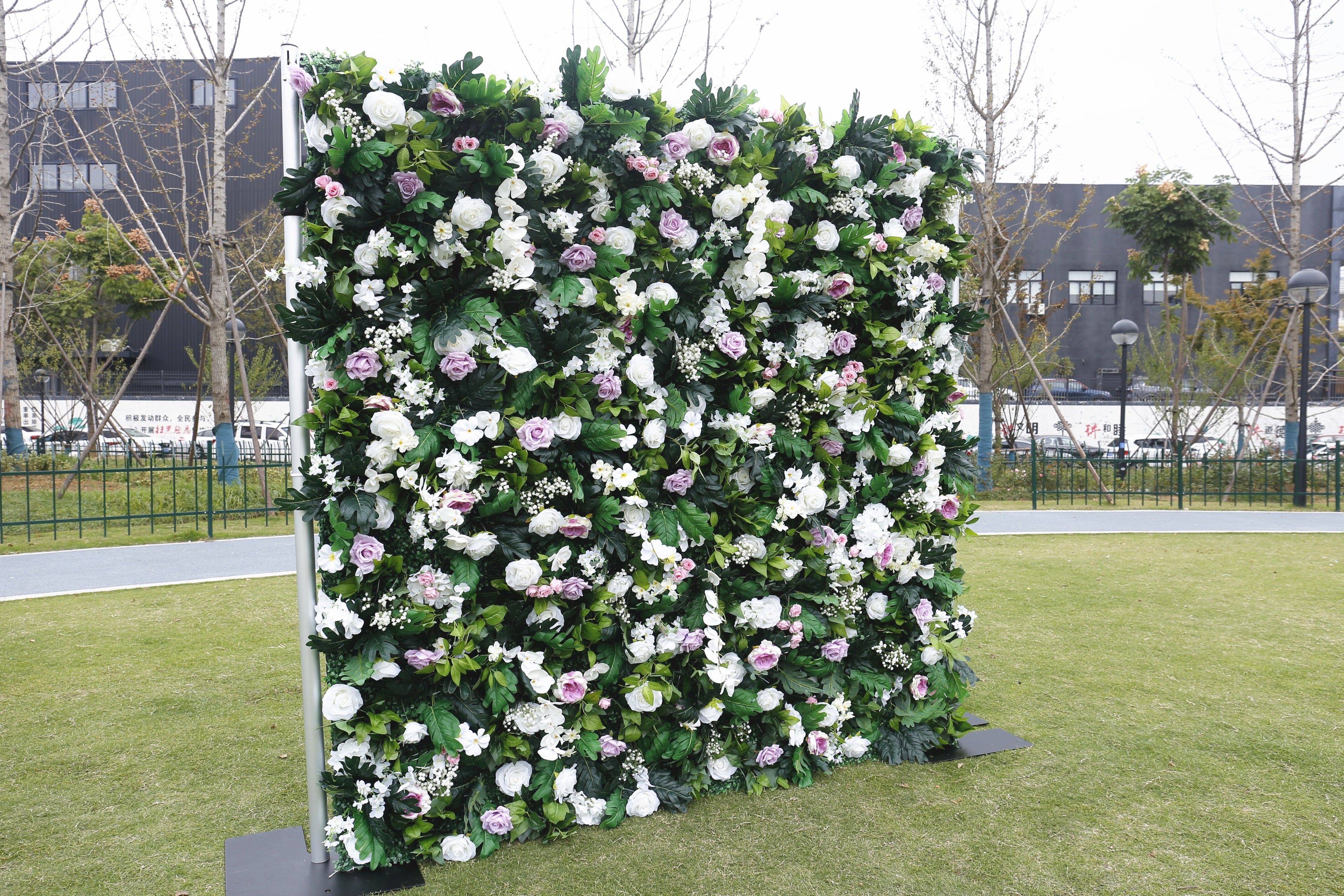 Pink White Rose with Greenery Fabric Roll Up Flower Wall ACFW-076