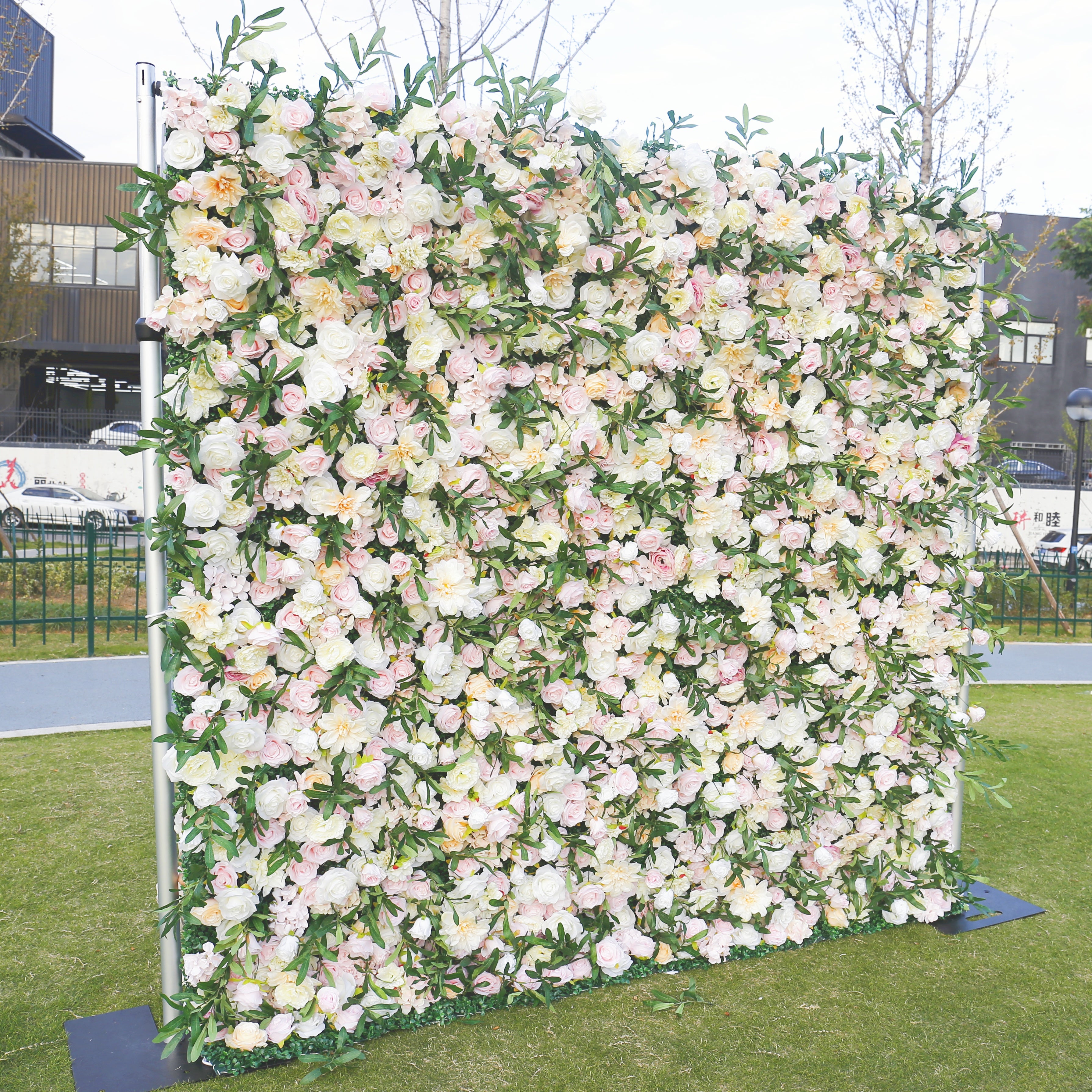 Green Leaves with Pink Rose Fabric Wedding Backdrop Flower Wall ACFW-082