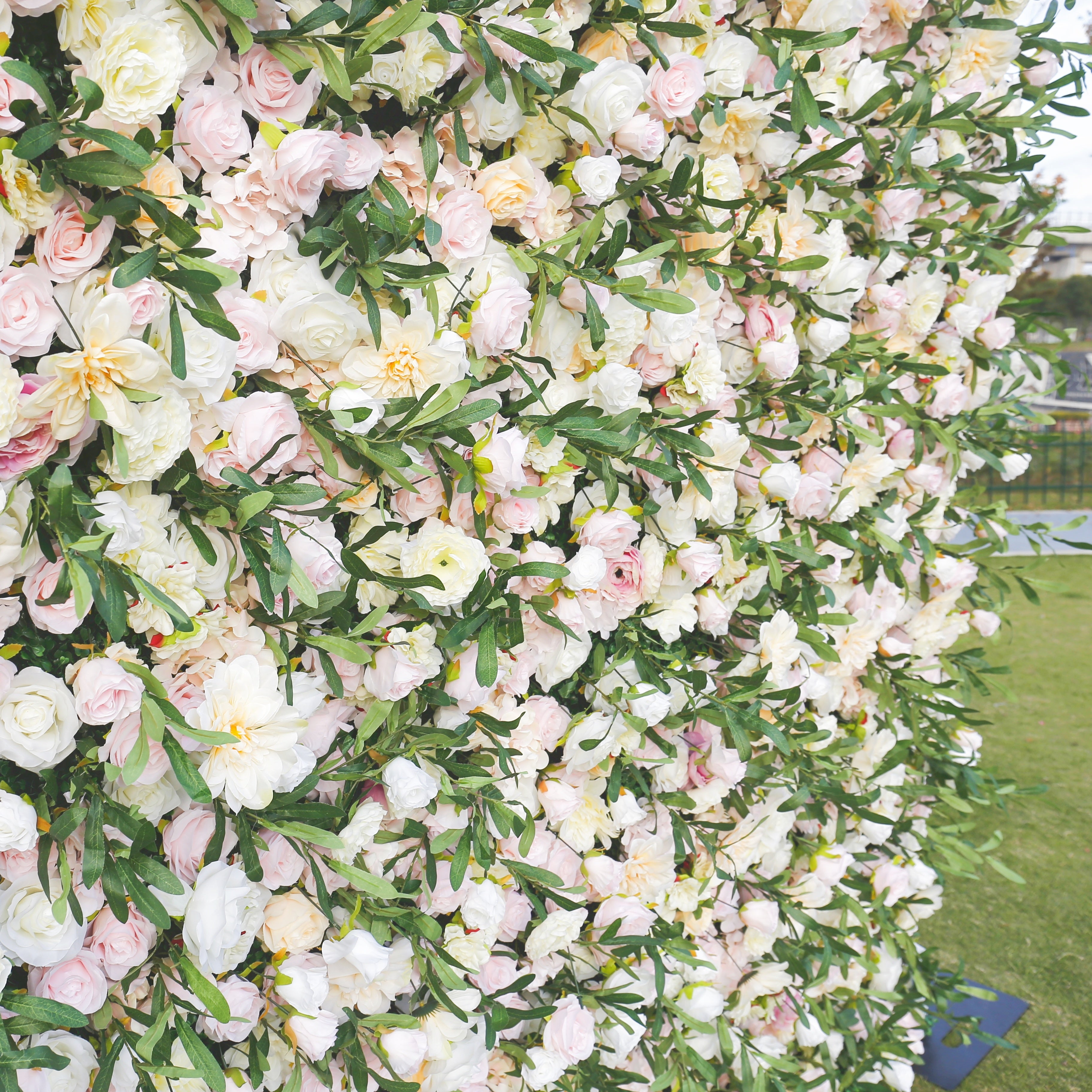 Green Leaves with Pink Rose Fabric Wedding Backdrop Flower Wall ACFW-082