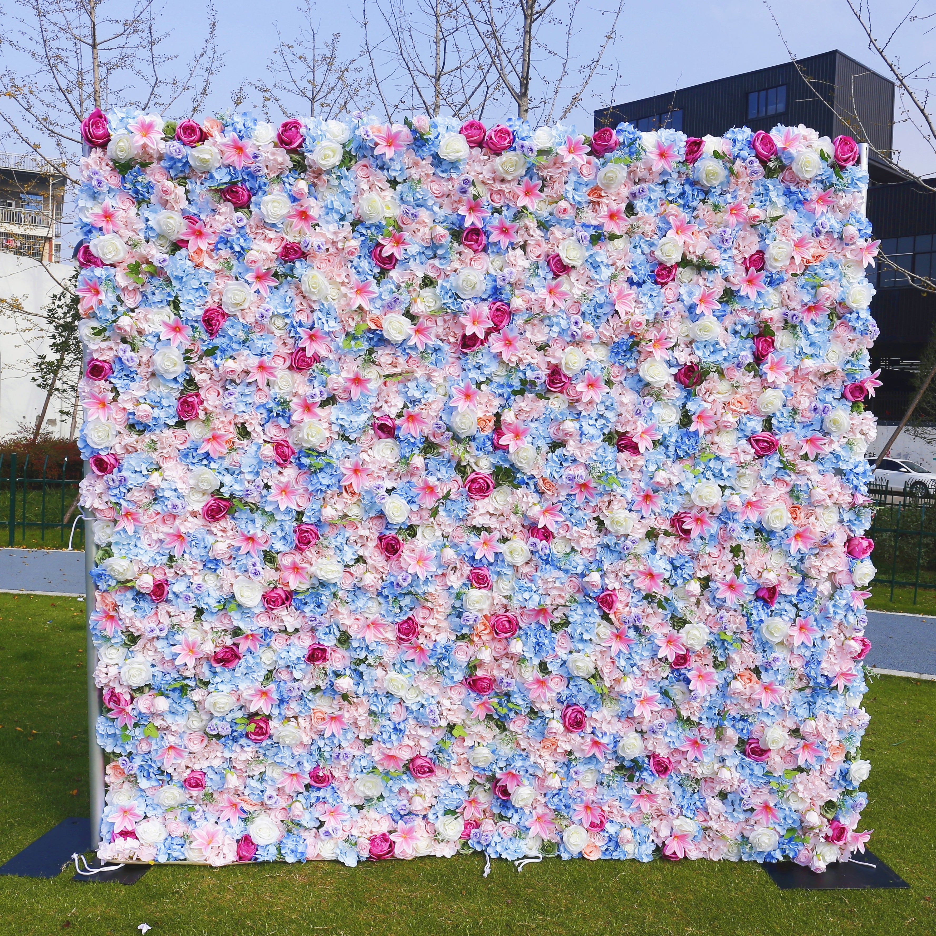 Blue Pink Mixed Fabric Flowers Colorful Artificial Flower Wall ACFW-090