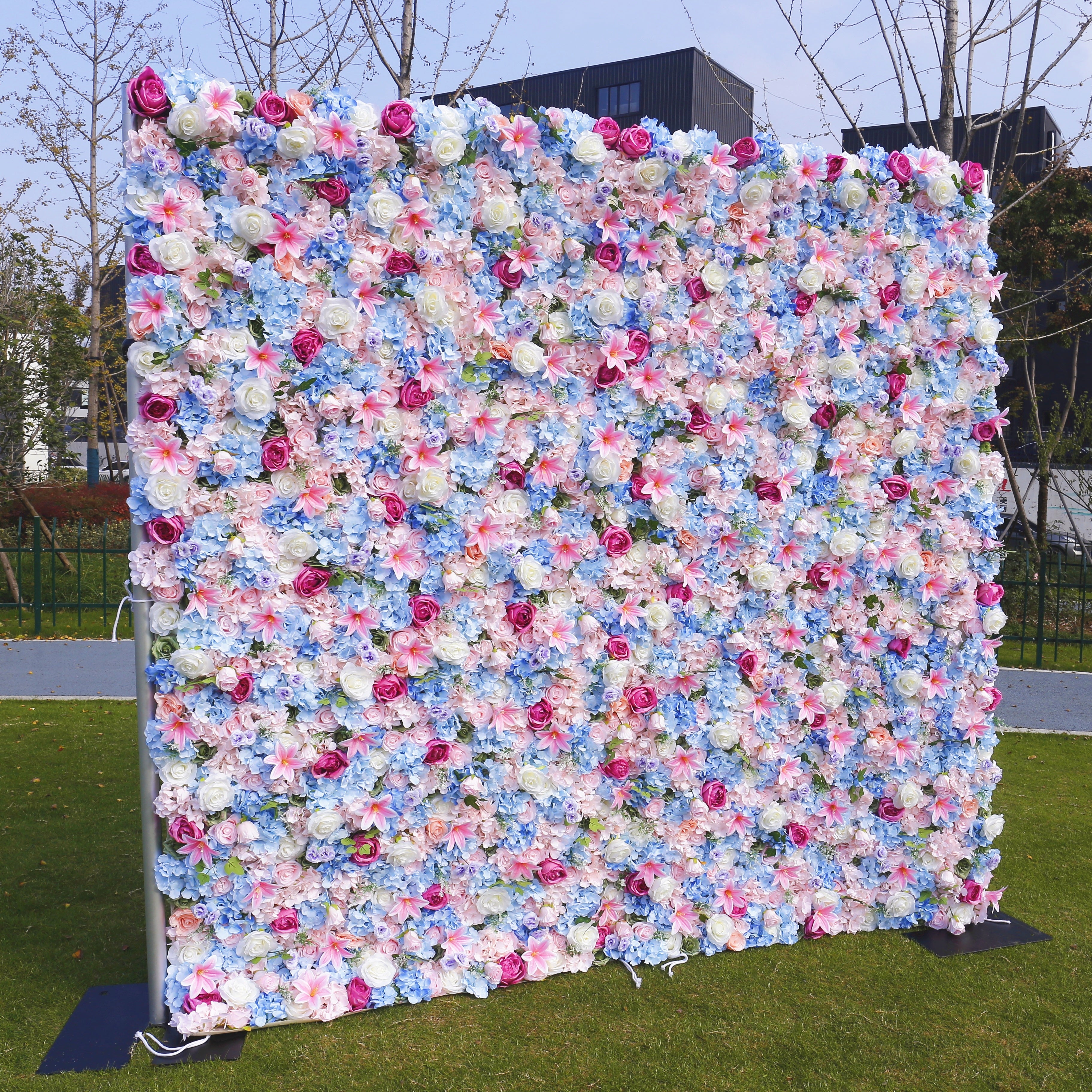 Blue and Pink Mixed Fabric Flowers Colorful Artificial Flower Wall ACFW-090
