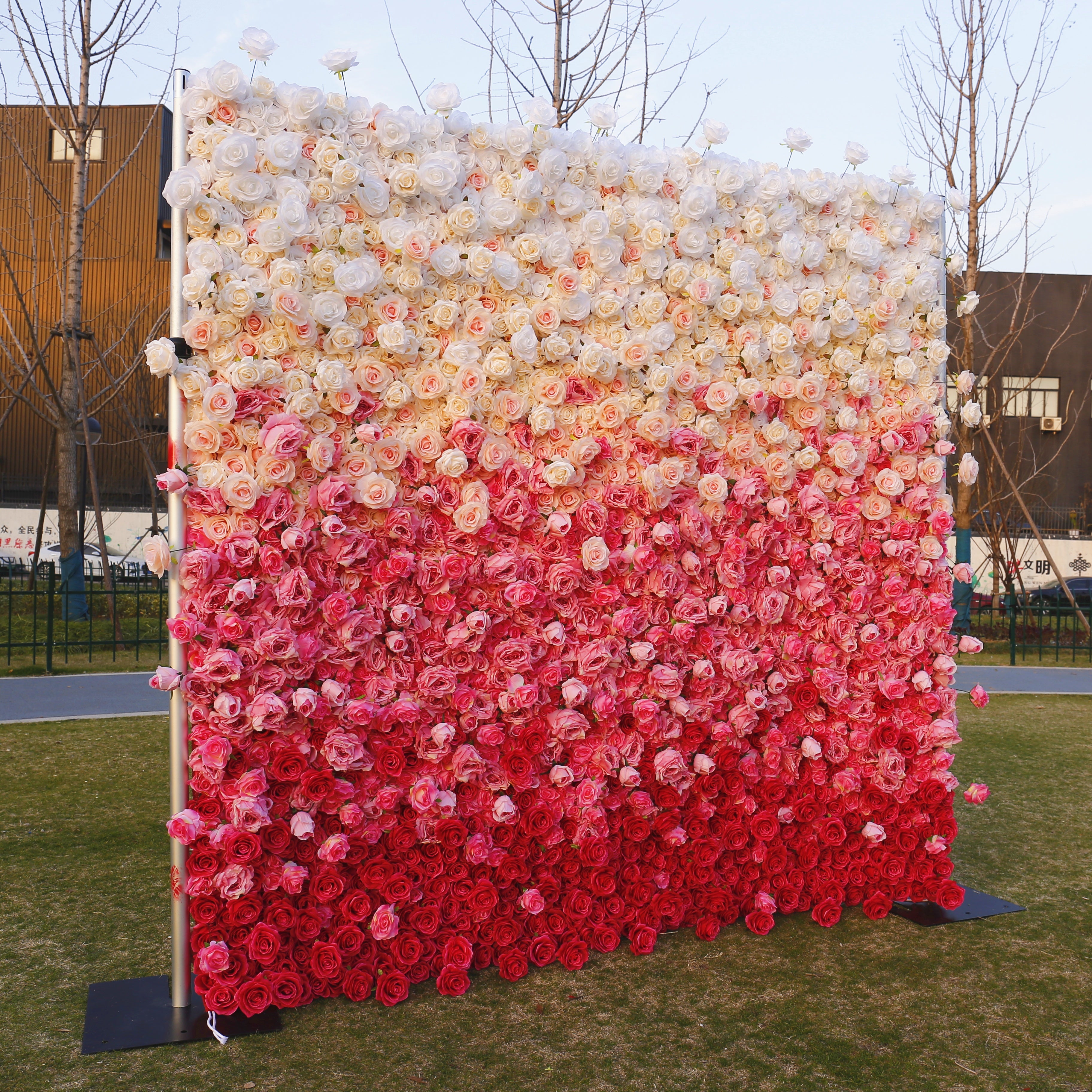 5D Ombre Pink White Fabric Rose Wedding Roll Up Flower Wall ACFW-094