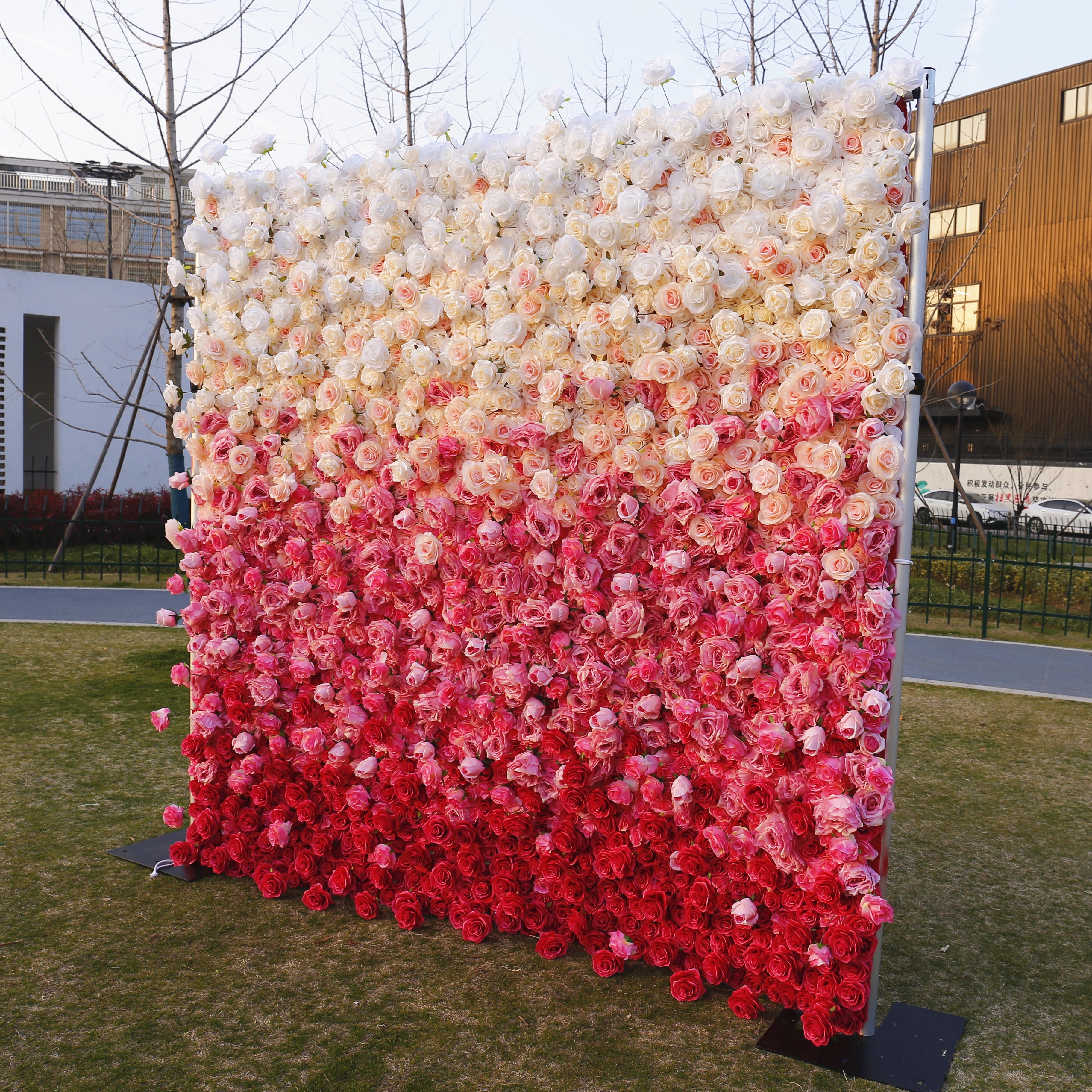 5D Ombre Pink White Fabric Rose Wedding Roll Up Flower Wall ACFW-094