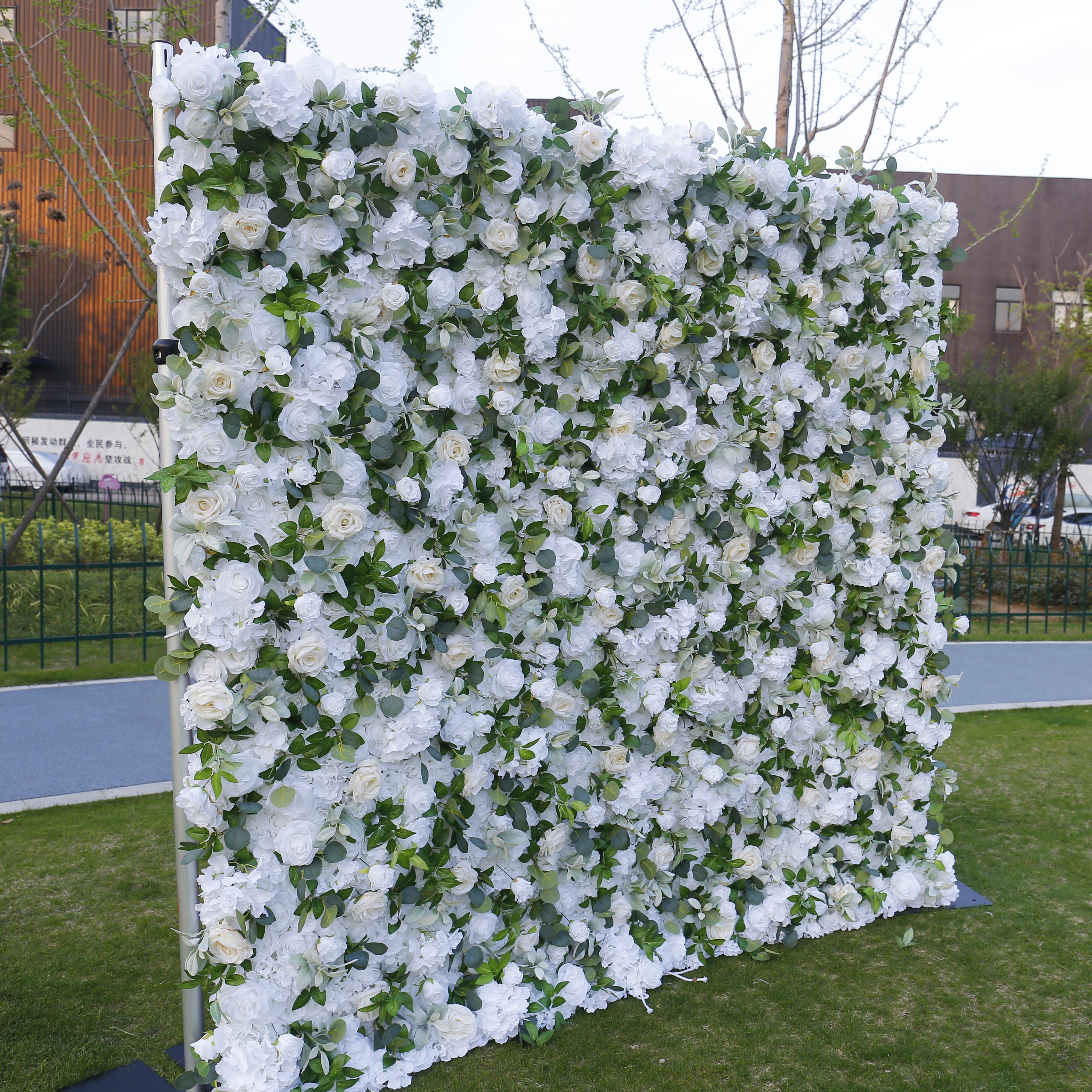 White Rose with Greenery Fabric 3D Cloth Flower Wall Backdrop ACFW-103