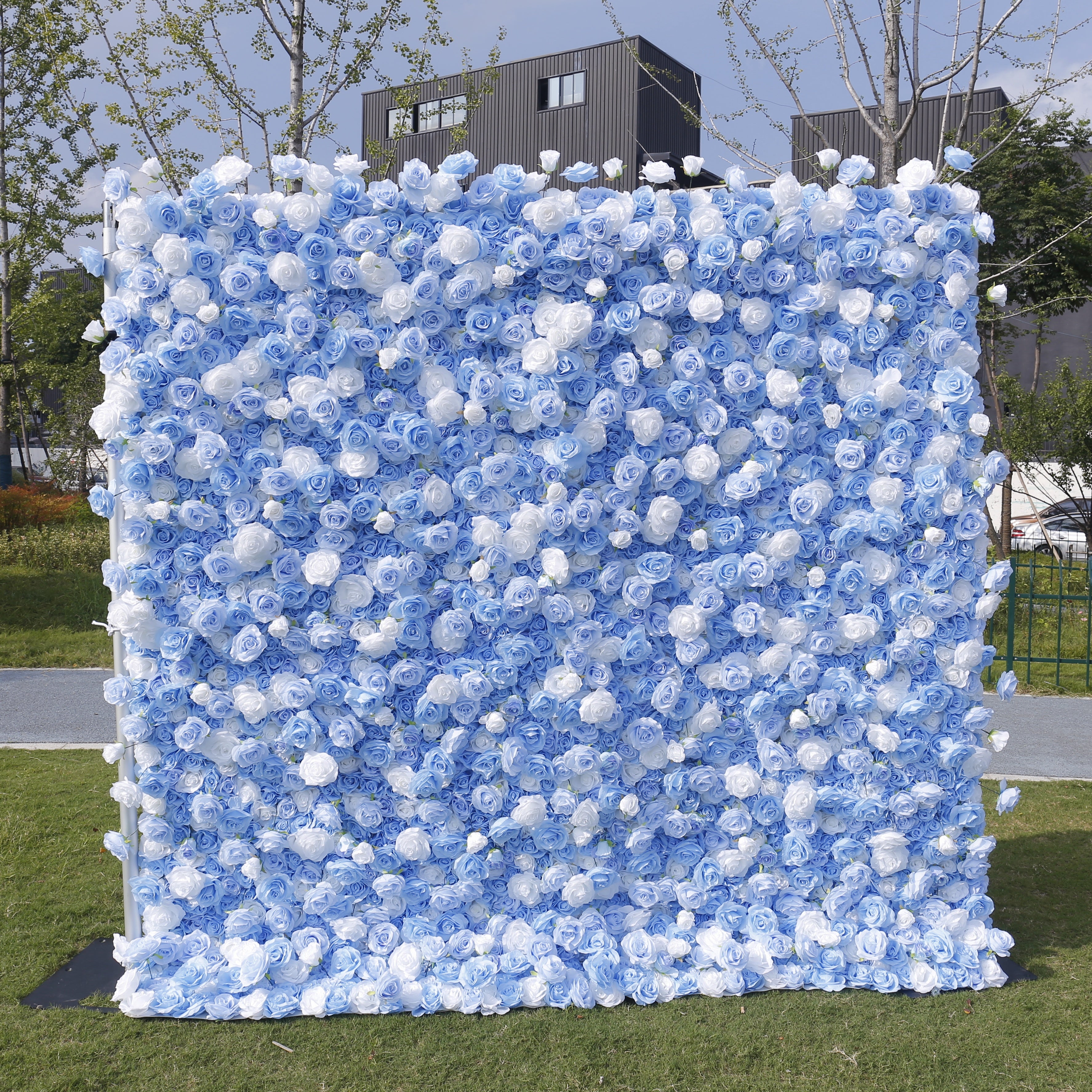 5D Blue & White Silk Roses Rolling Up Artificial Flower Wall Backdrop ACFW-123