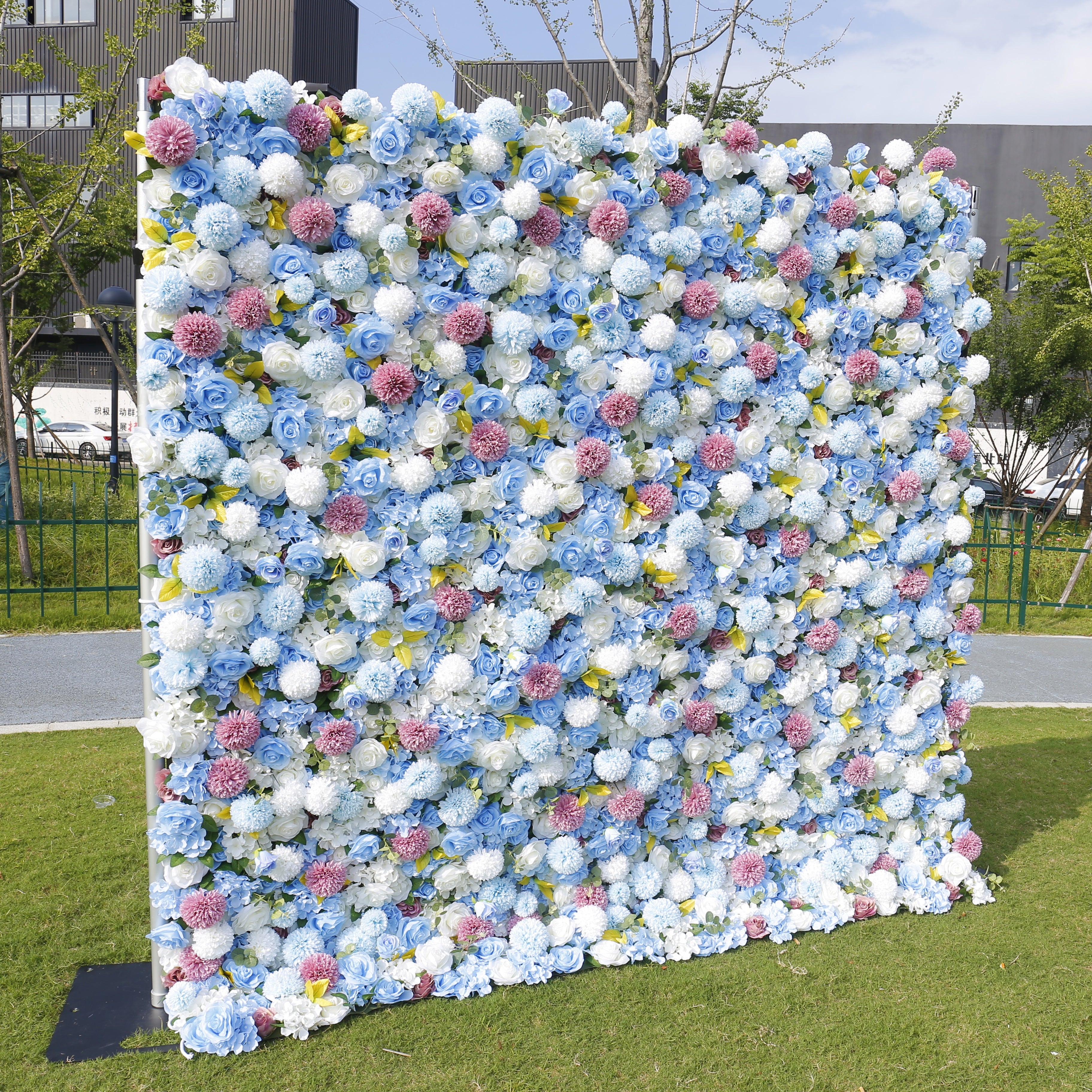 5D Blue Rose With Lovely Pompon Roll Up Curtain Flower Wall ACFW-124