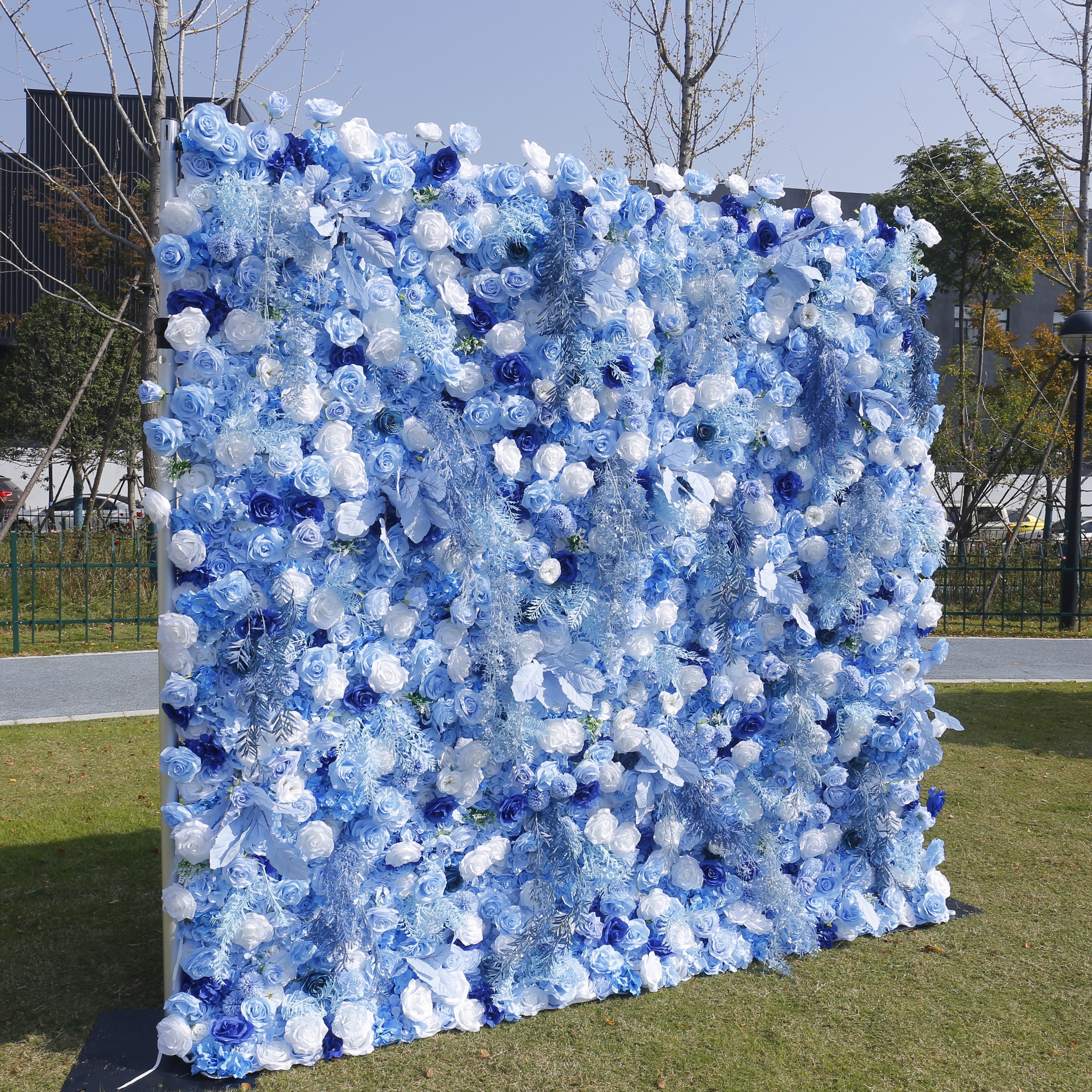 8x8ft White Light Blue Rose Roll Up Curtain Flower Wall Backdrop ACFW-135