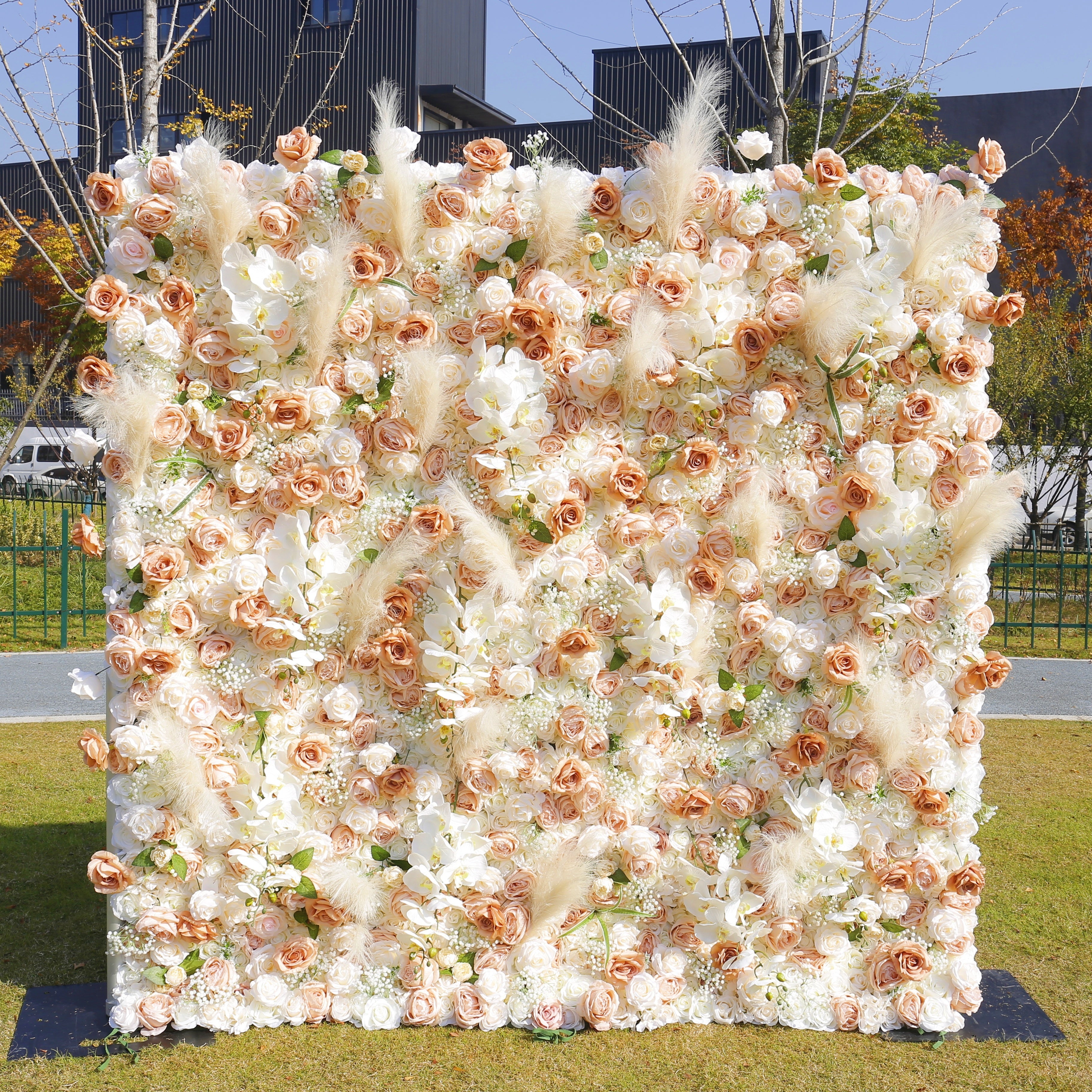 Artificial Champagne Rose Pampas Grass Roll Up Flower Wall Backdrop ACFW-136