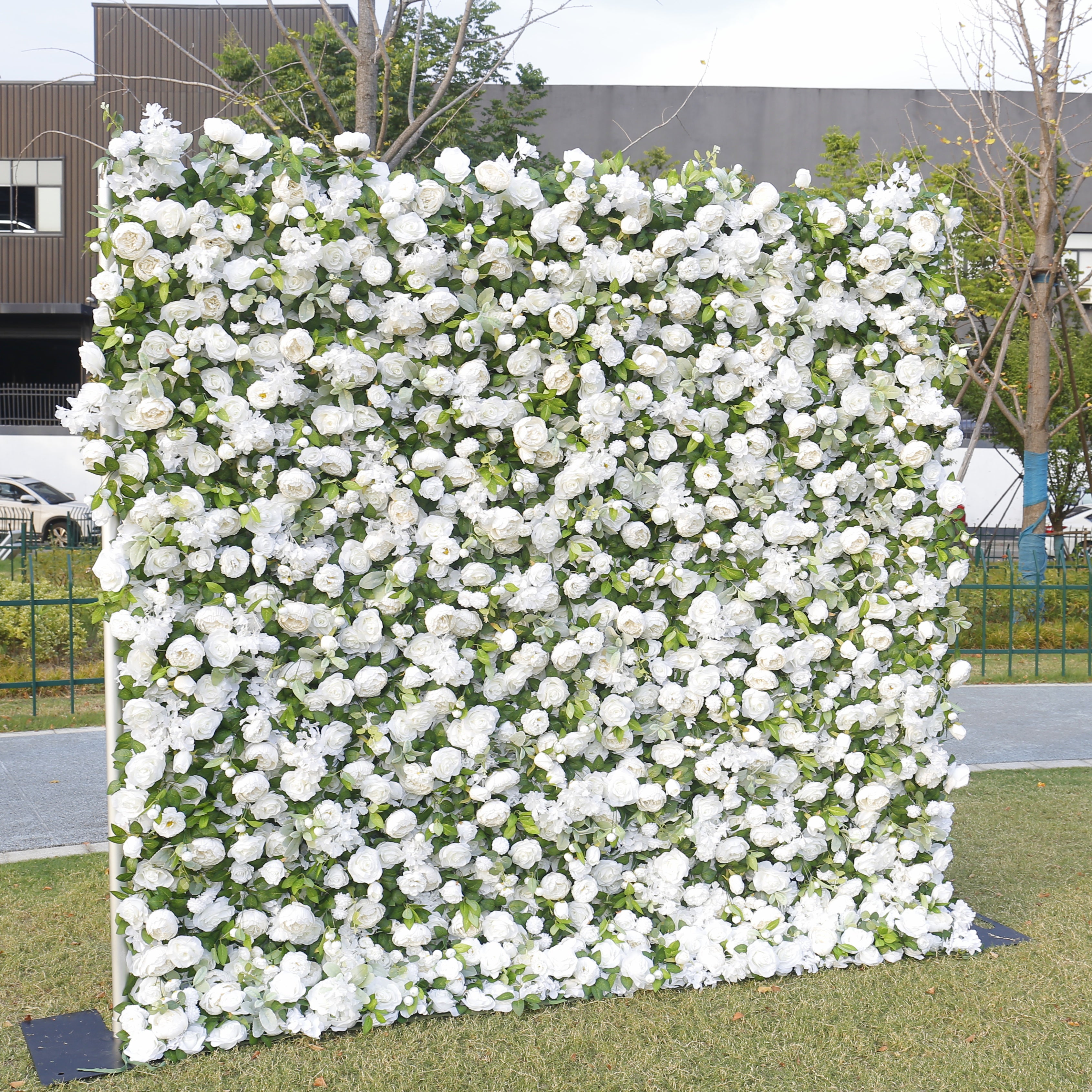 White Rose with Greenery Cloth 3D Artificial Flower Wall Backdrop ACFW-146