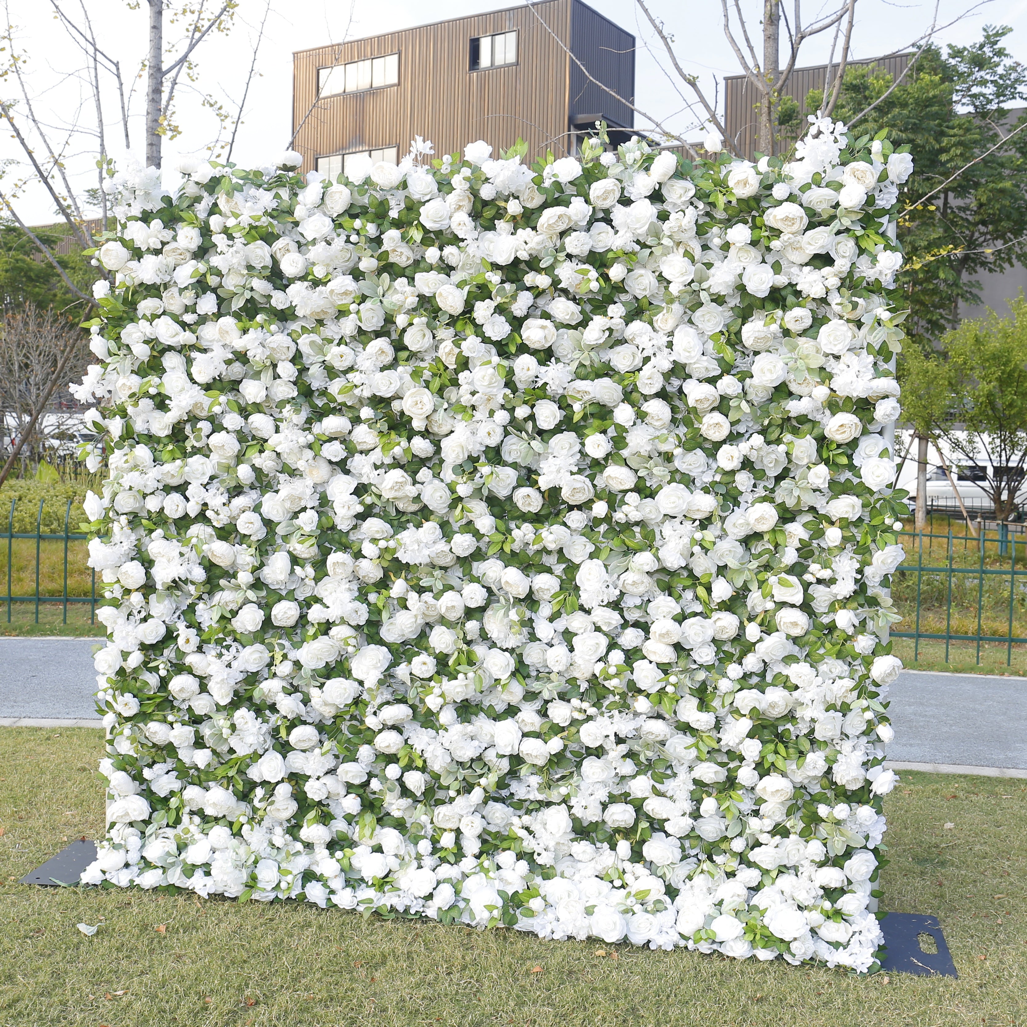 White Rose with Greenery Cloth 3D Artificial Flower Wall Backdrop ACFW-146