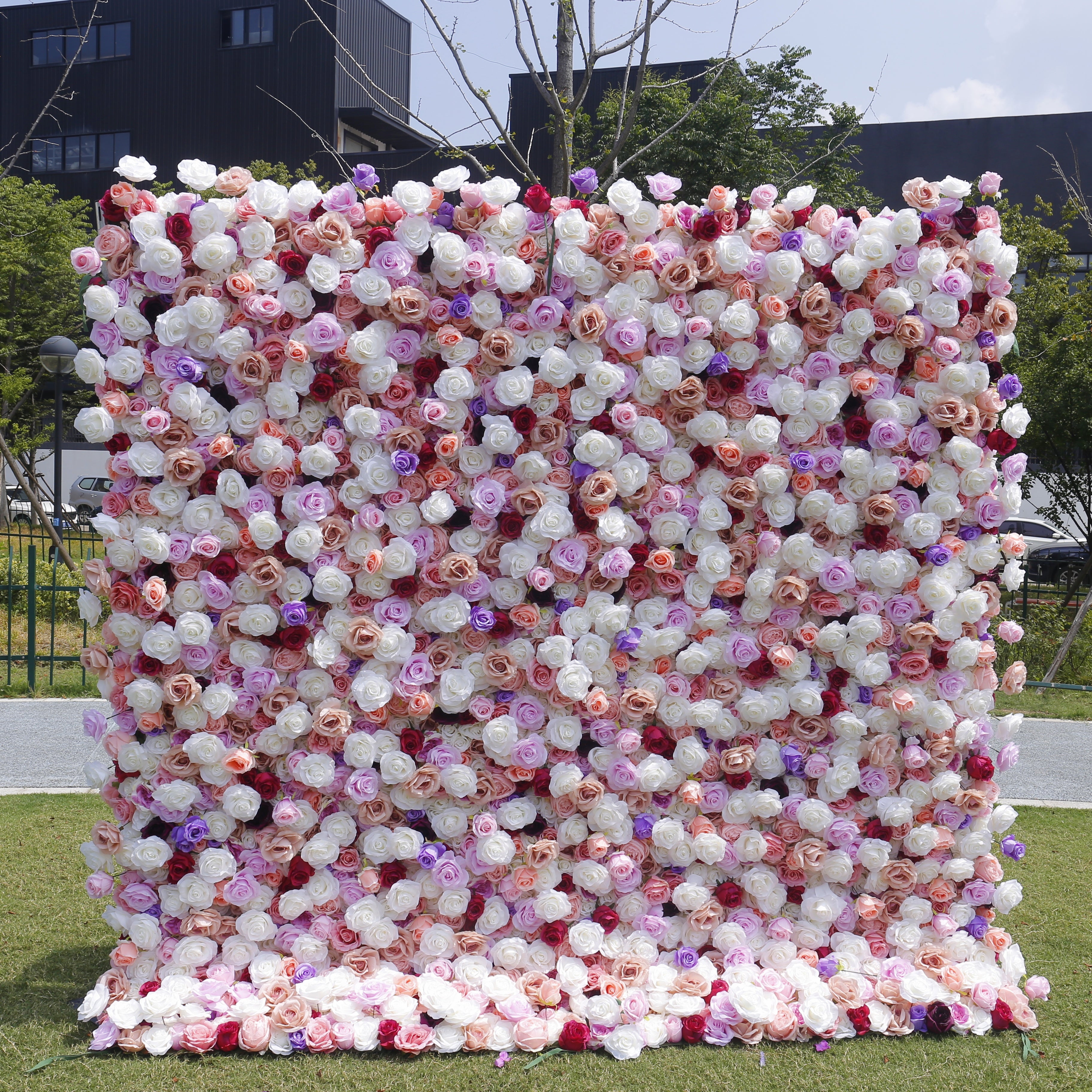 White Purple & Pink Cloth Rose 5D Flower Wedding Backdrop ACFW-149