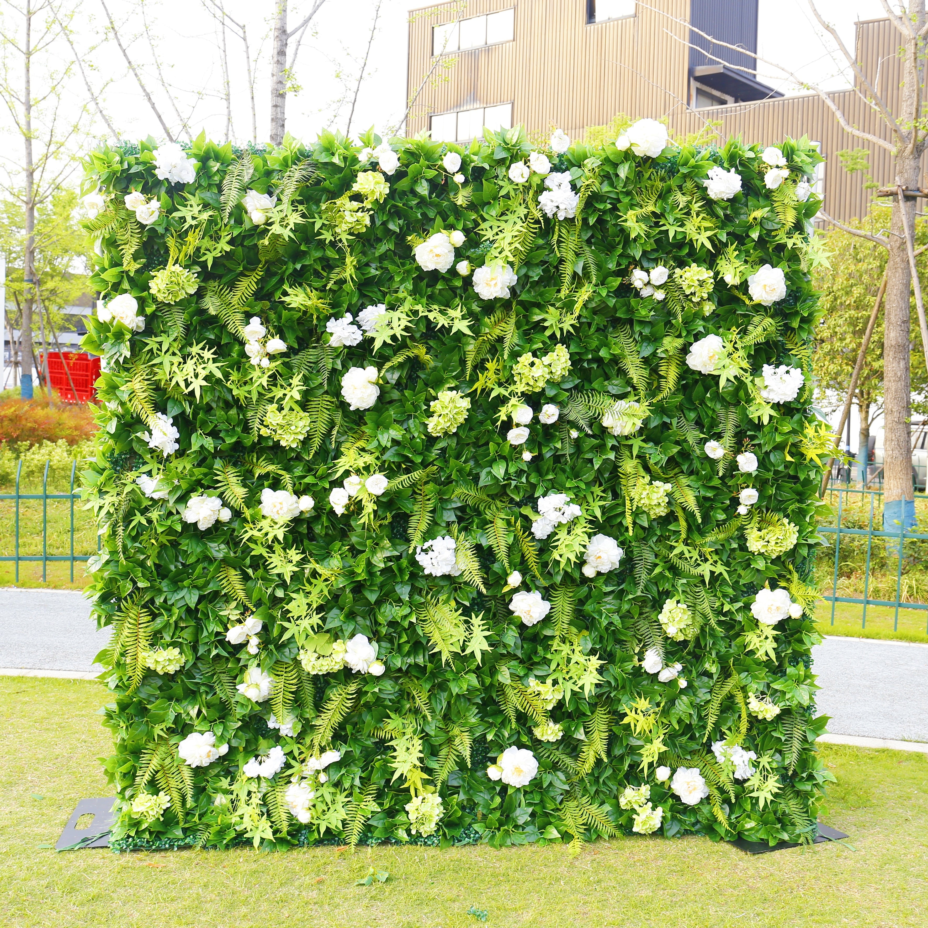 Green Leaves with White Flowers Fabric Roll Up Flower Wall ACFW-162