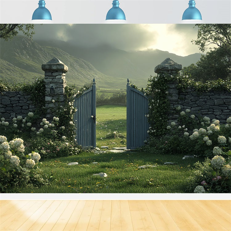 Backdrop Spring Countryside Stone Garden Gate Backdrop BRP1-12