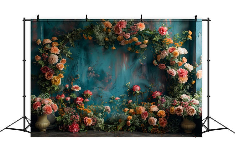 Floral Backdrops For Photography Vibrant Blooms Teal Backdrop BRP1-367