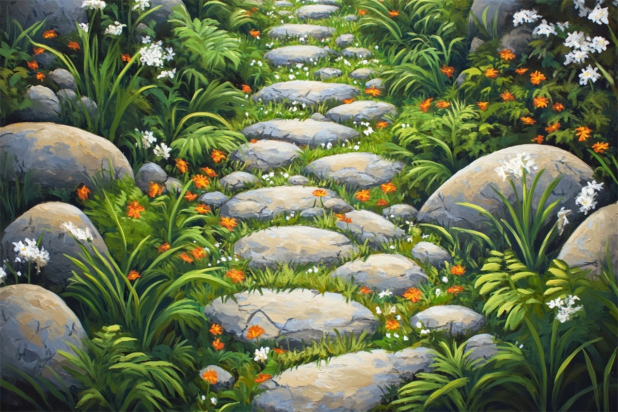 Photography Floor Backdrop Blossoms Green Stones Path Backdrop BRP1-46