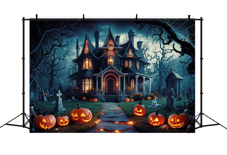 Halloween Photo Backdrop Eerie Haunted House Pumpkins Backdrop BRP10-163
