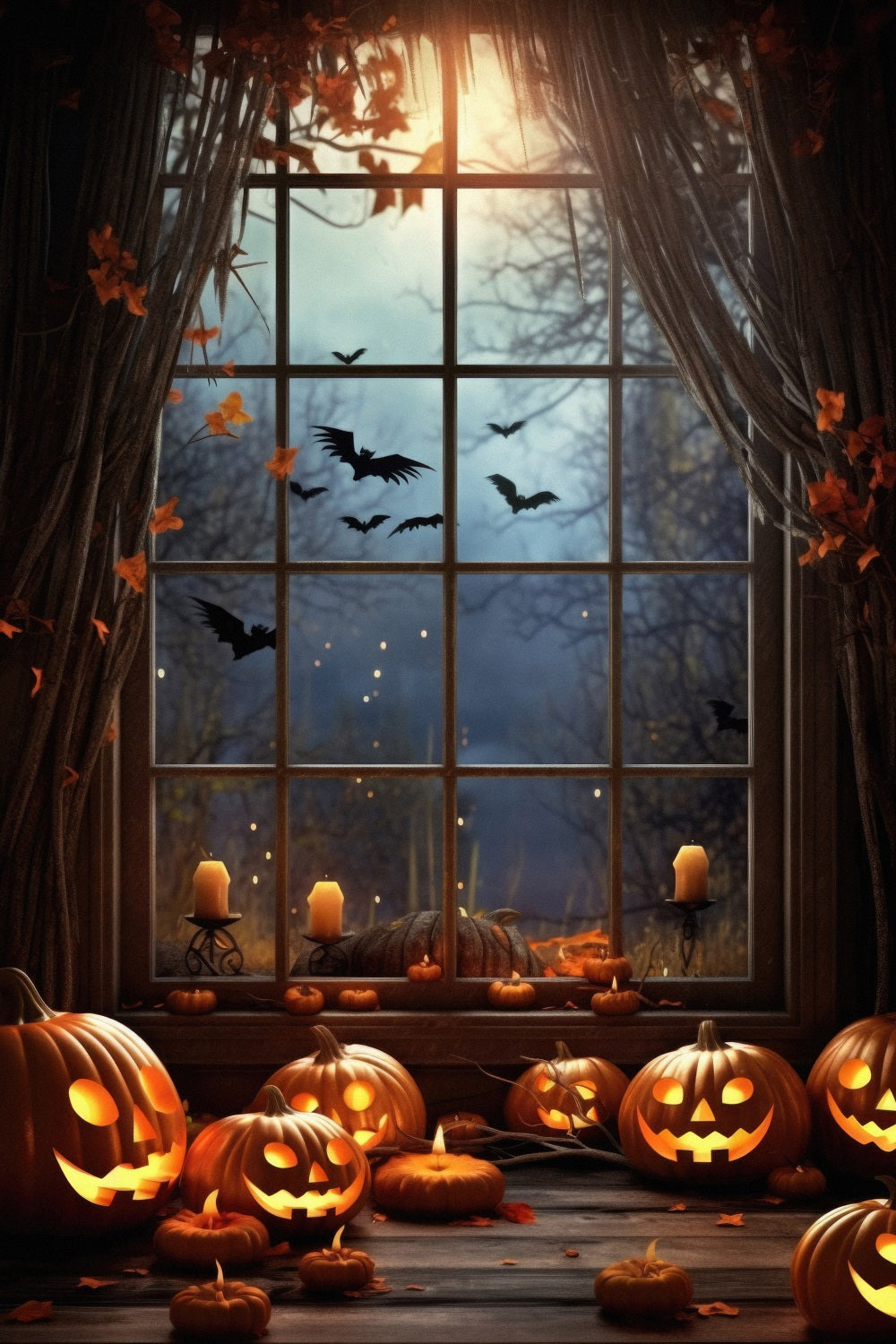 Scary Halloween Photo Backdrop Bats Haunted Window Backdrop BRP10-200