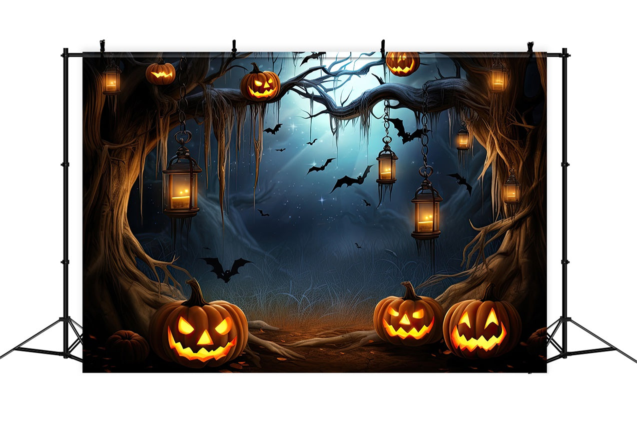 Photo Backdrop Halloween Spooky Forest Pumpkins Bats Backdrop BRP10-203
