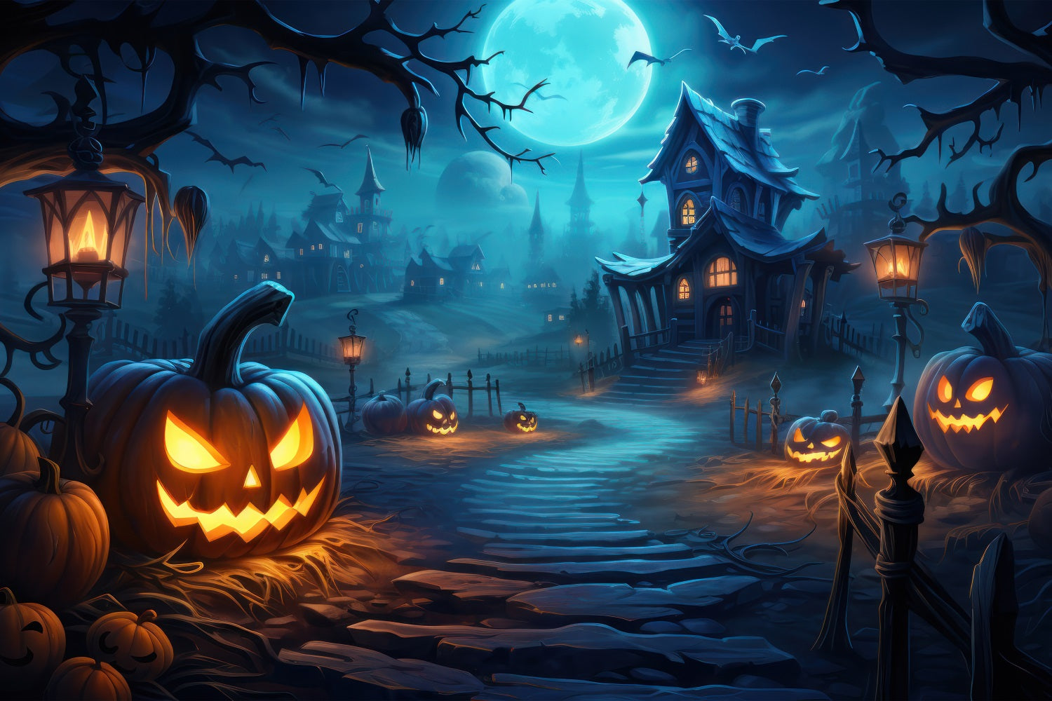 Halloween Village Backdrop Pumpkins Bats Backdrop BRP10-204