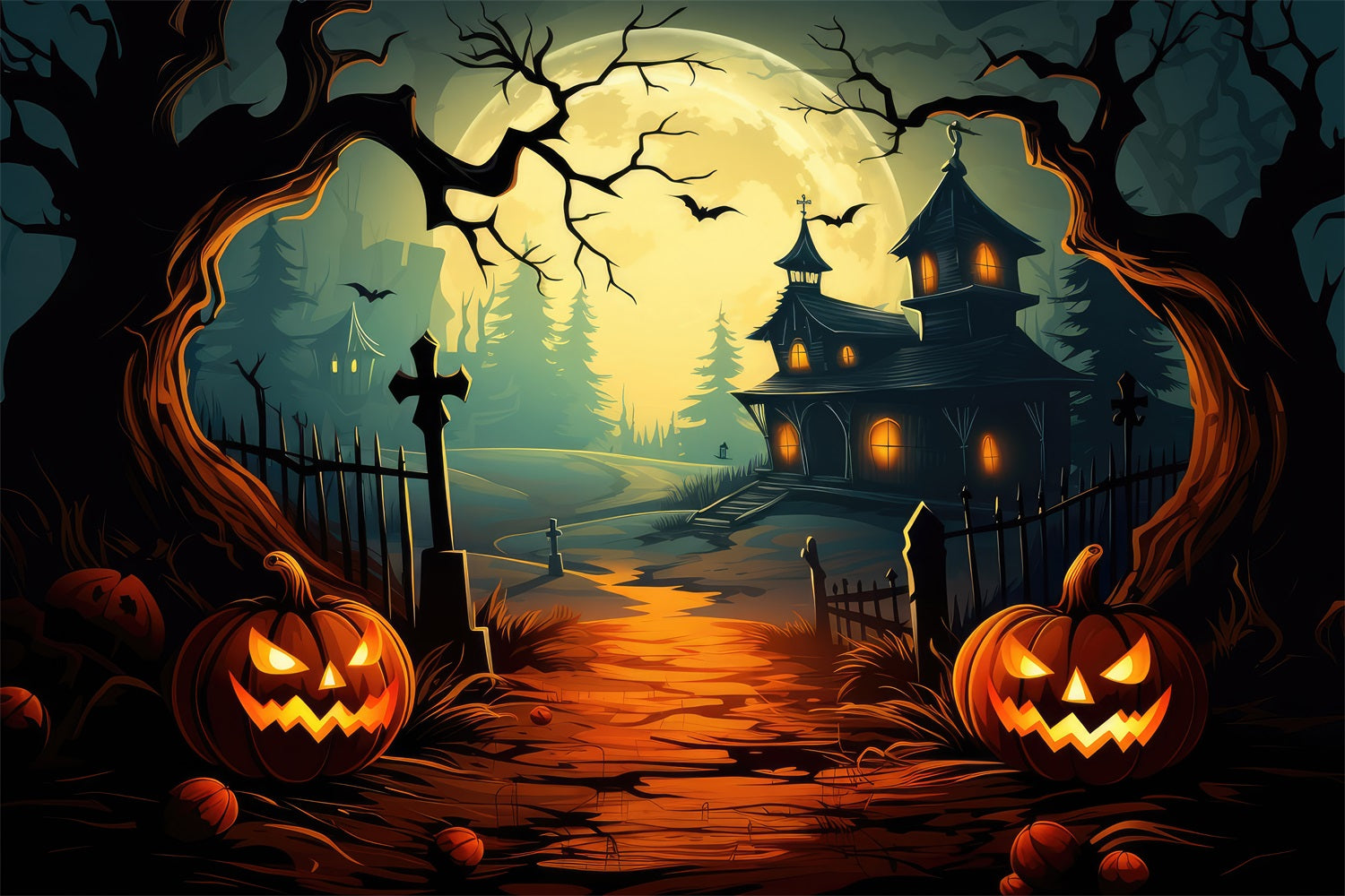 Halloween Backdrop Haunted House Path Pumpkins Moon Backdrop BRP10-206