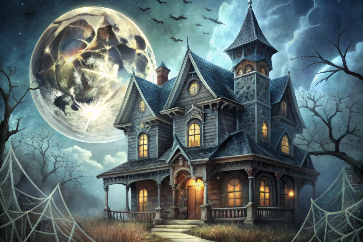 Spooky Halloween Backdrops Victorian Mansion Bats Backdrop BRP10-213