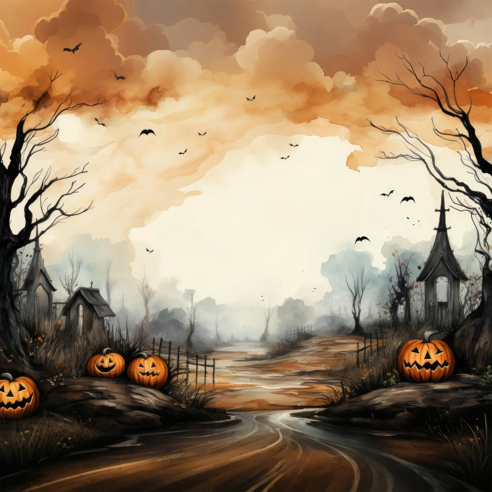 Spooky Halloween Backdrop Path Pumpkins Bats Backdrop BRP10-216