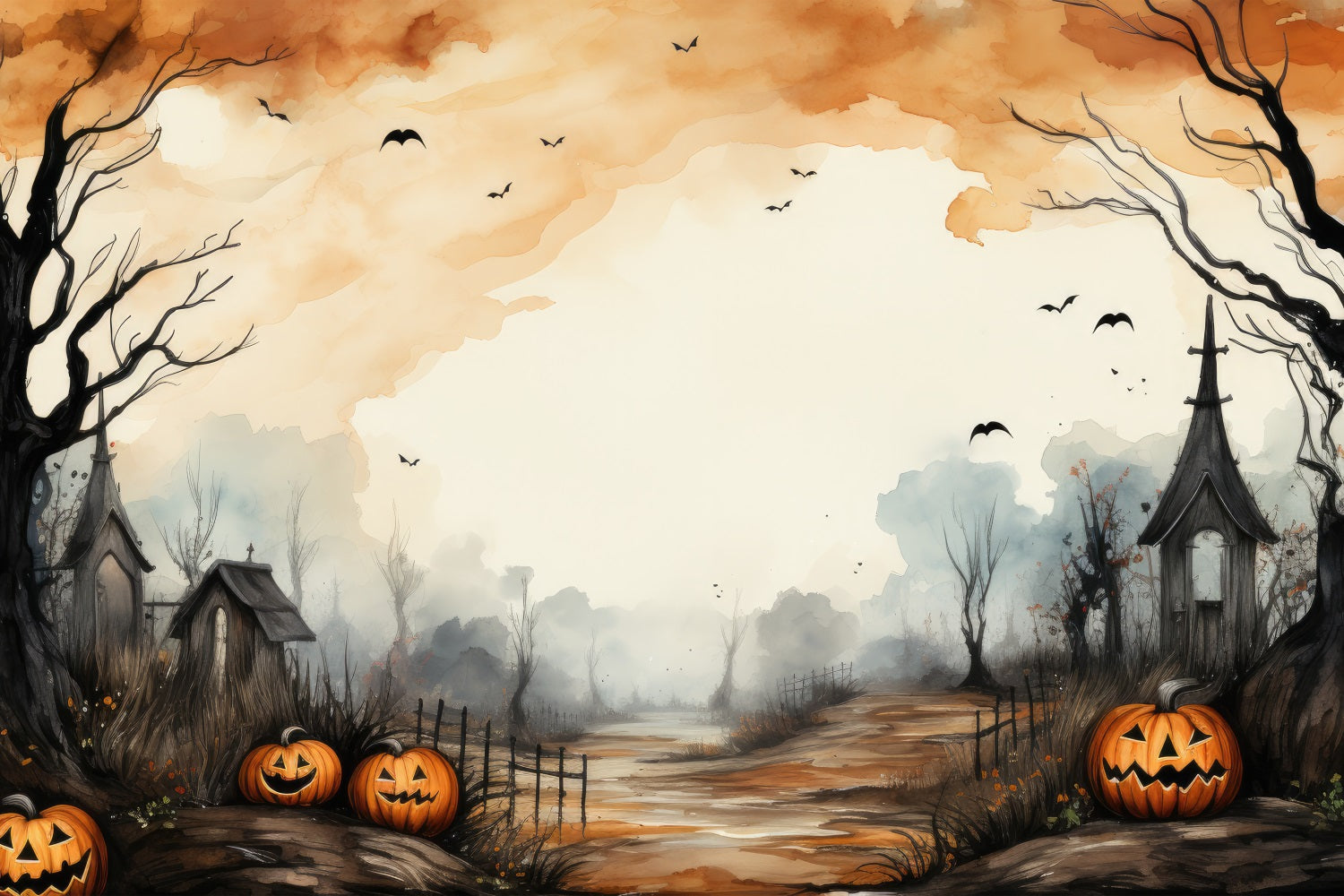 Spooky Halloween Backdrop Path Pumpkins Bats Backdrop BRP10-216
