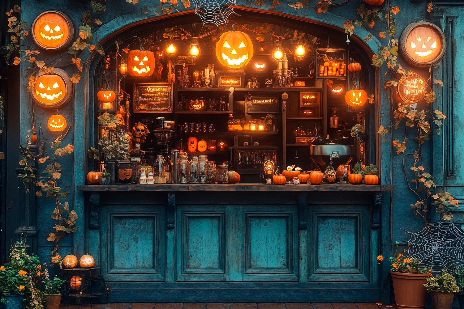Backdrops For Halloween Bar Glowing Pumpkins Backdrop BRP10-219