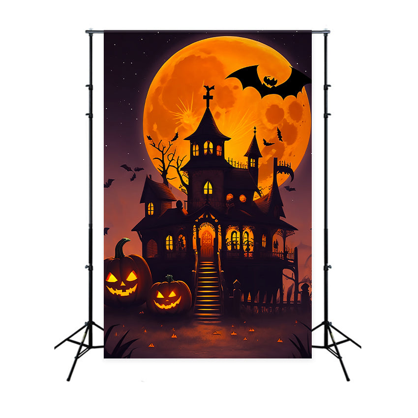 Creepy Halloween Backdrop Orange Moon Haunted House Backdrop BRP10-225