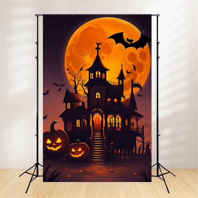 Creepy Halloween Backdrop Orange Moon Haunted House Backdrop BRP10-225