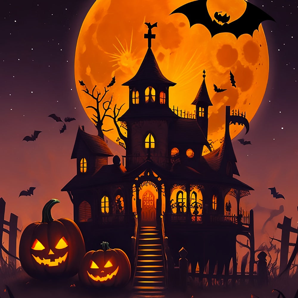 Creepy Halloween Backdrop Orange Moon Haunted House Backdrop BRP10-225