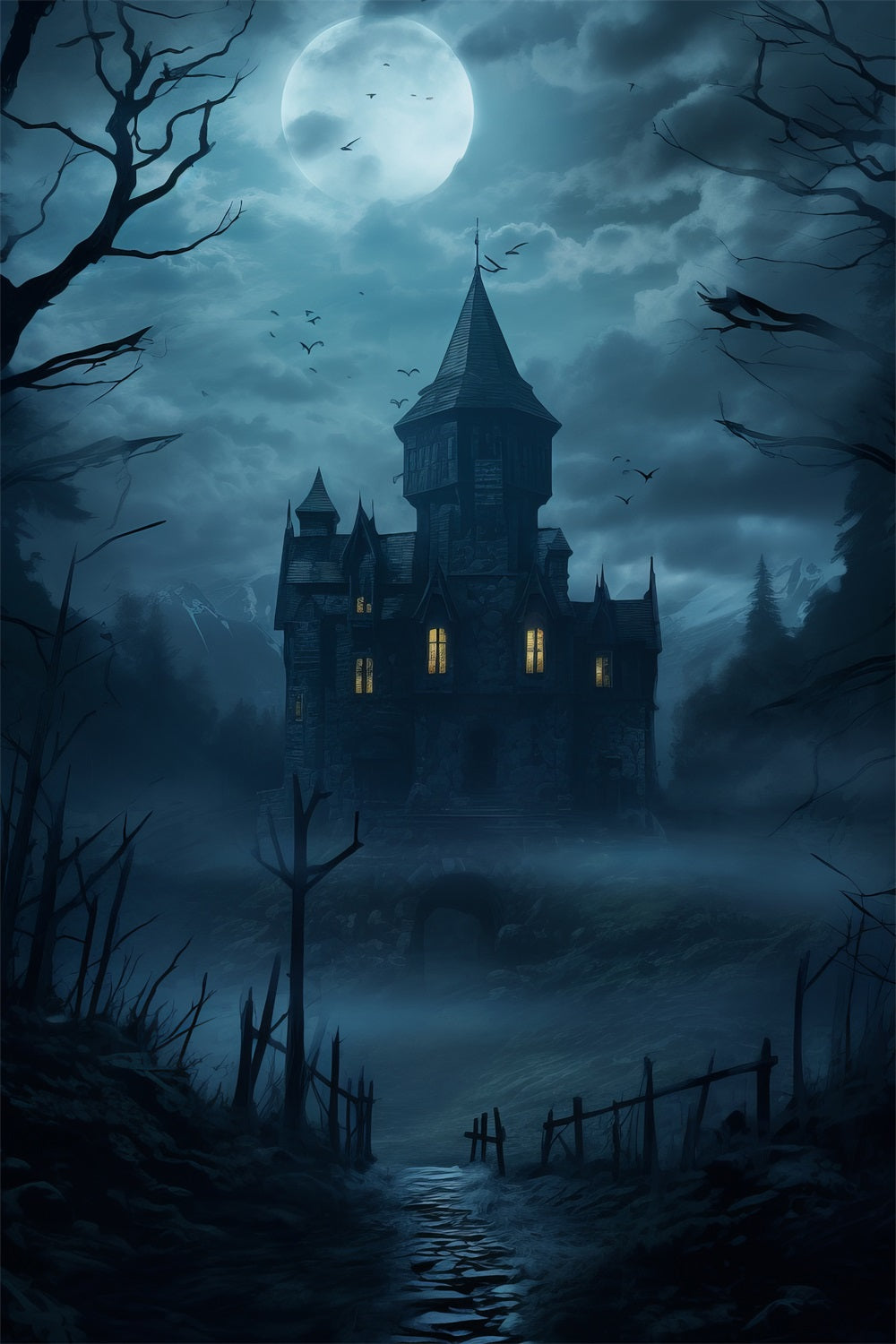 Photography Backdrop Halloween Foggy Night Spooky Castle Backdrop BRP10-226