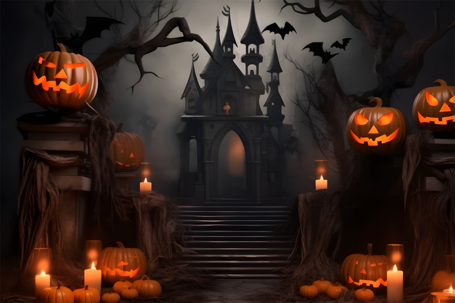Halloween Castle Backdrop Dark Gothic Creepy Pumpkins Backdrop BRP10-229