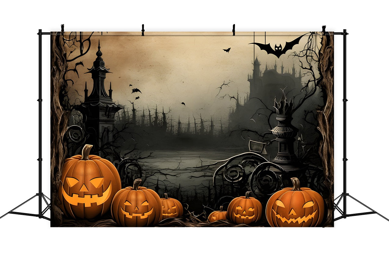 Backdrop Halloween Pillars Shadows Pumpkins Bats Backdrop BRP10-232