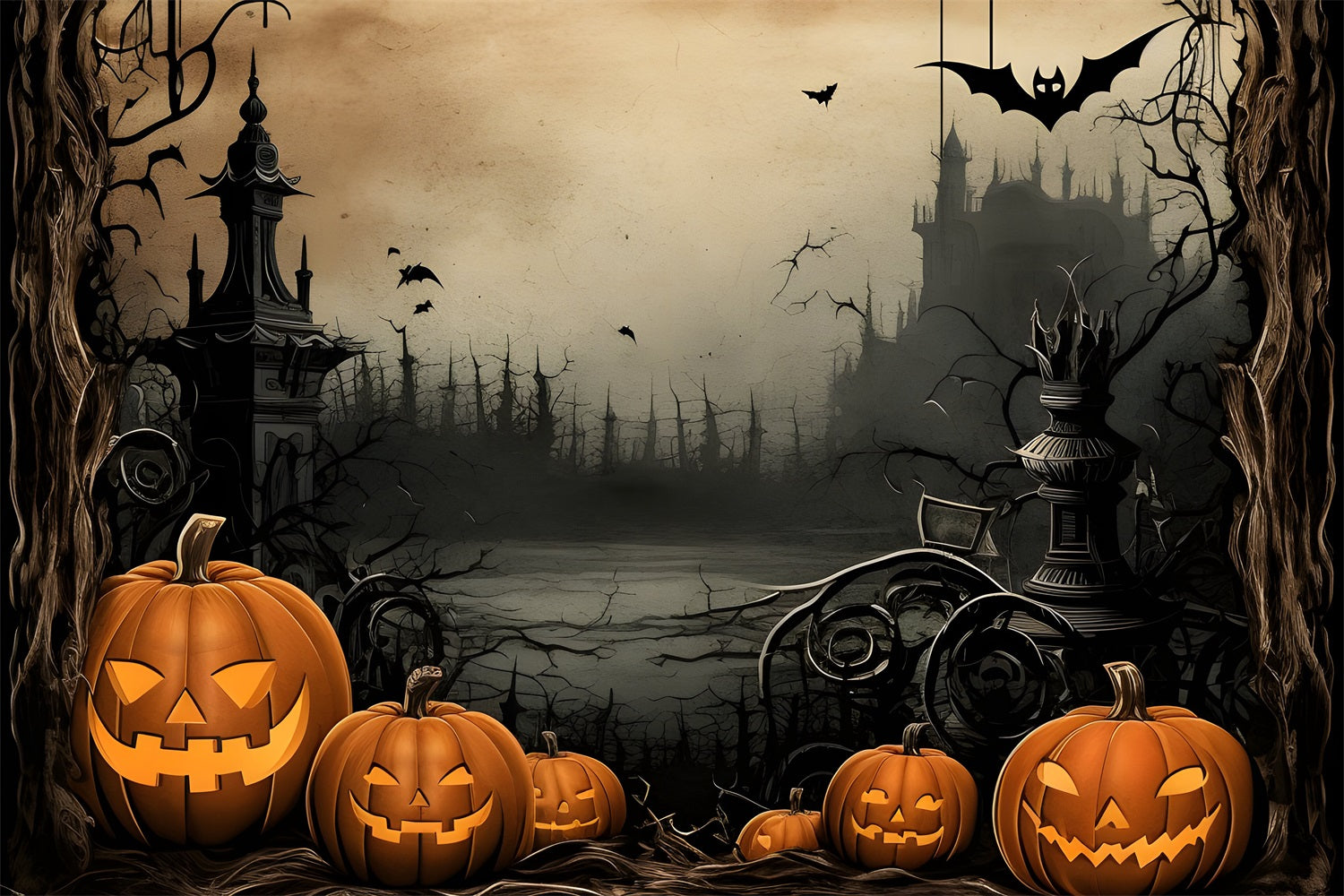 Backdrop Halloween Pillars Shadows Pumpkins Bats Backdrop BRP10-232