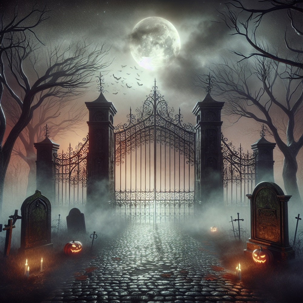 Halloween Photo Backdrop Foggy Cemetery Haunted Gate Backdrop BRP10-233