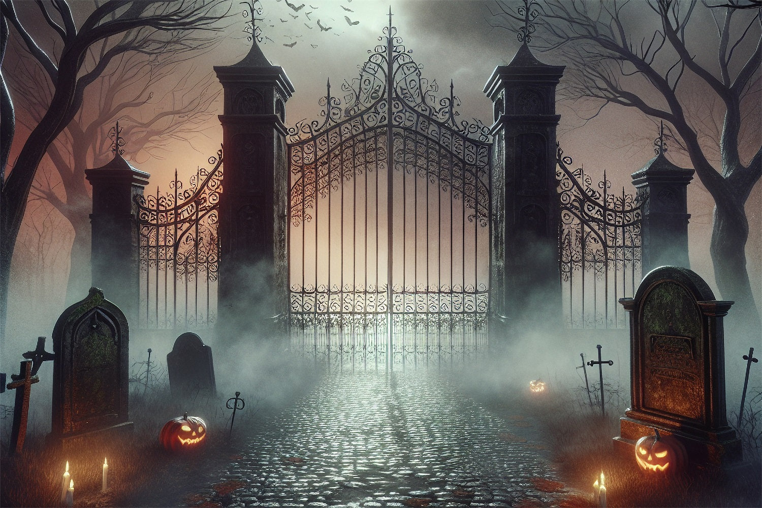 Halloween Photo Backdrop Foggy Cemetery Haunted Gate Backdrop BRP10-233